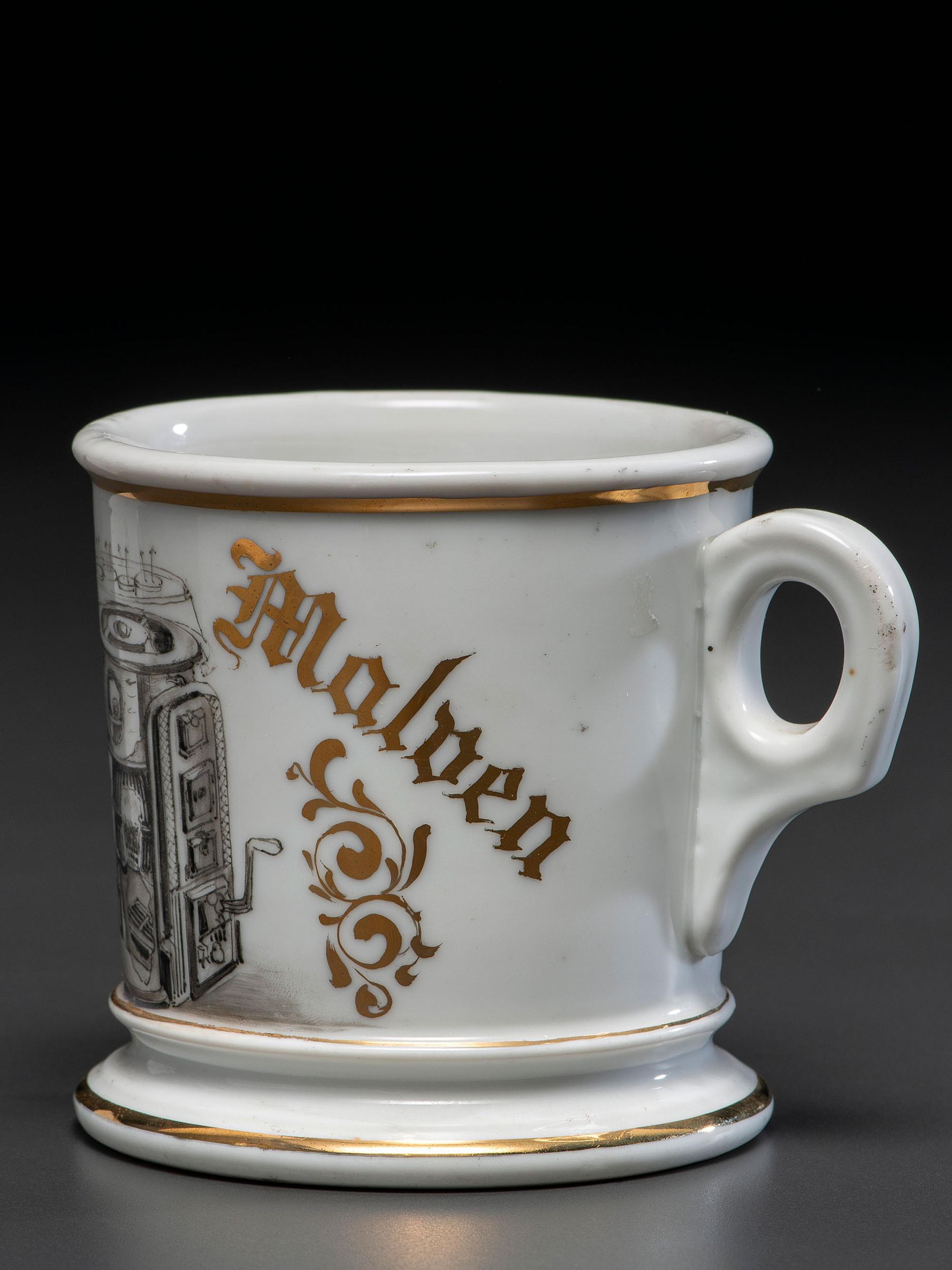 A Porcelain Occupational Shaving Mug Depicting a Cutaway Boiler