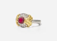 A Ladies Platinum, 18K Yellow Gold, Ruby, and Diamond Ring