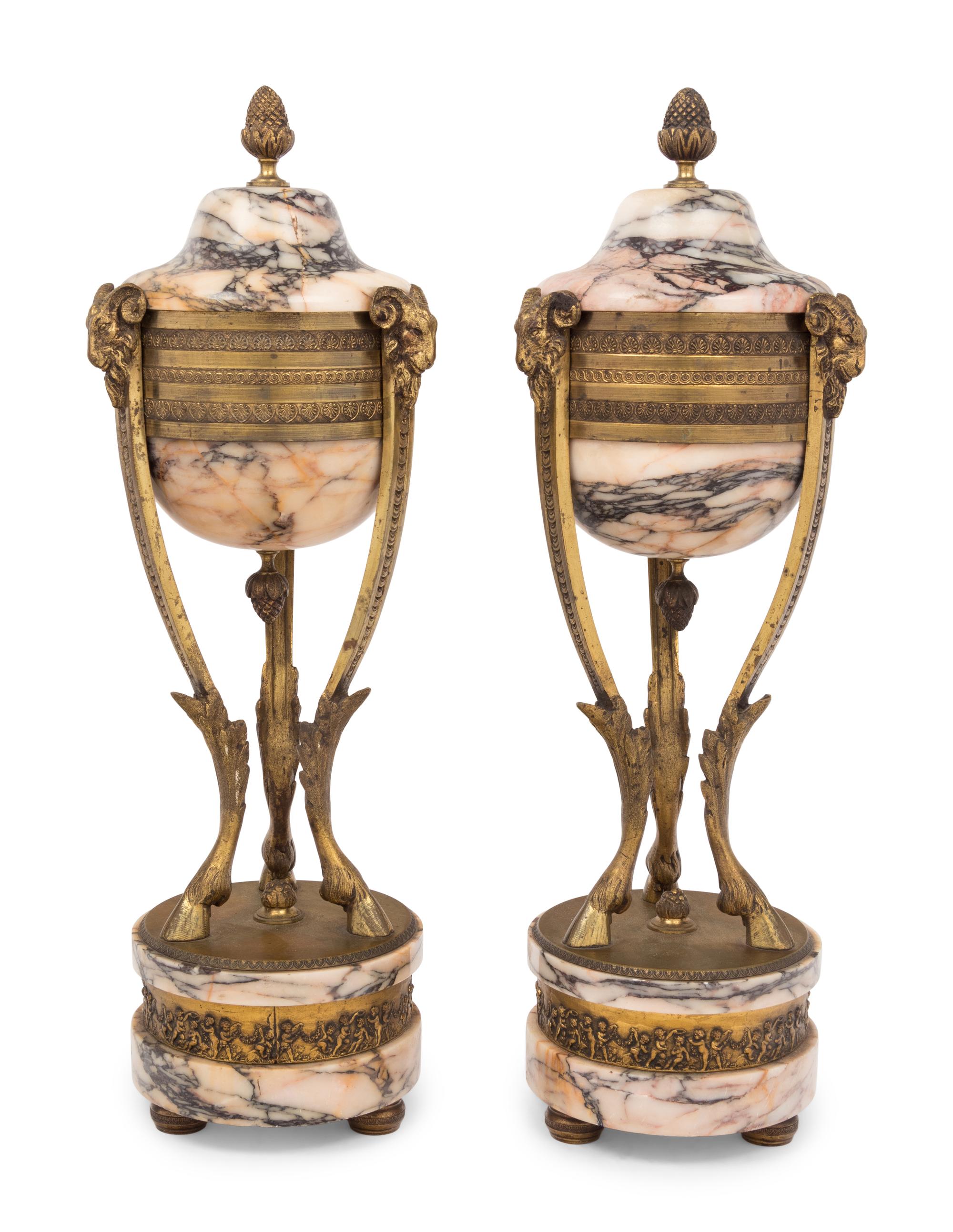A Pair of Empire Style Gilt Bronze and Marble Cassolettes