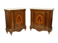 A Near Pair of Napoleon III Marquetry Tulipwood Marble Top Side Cabinets — 19TH CENTURY