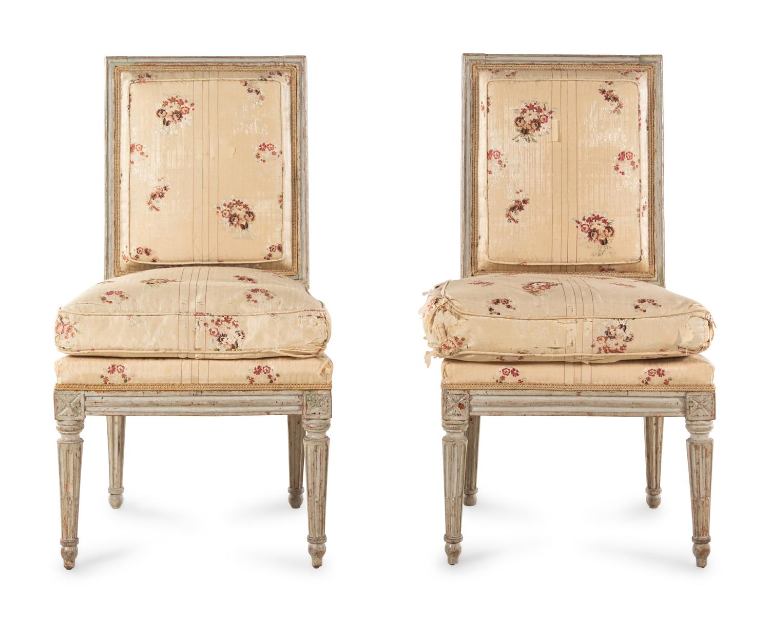 A Pair of Louis XVI Carved and Gray-Painted Side Chairs