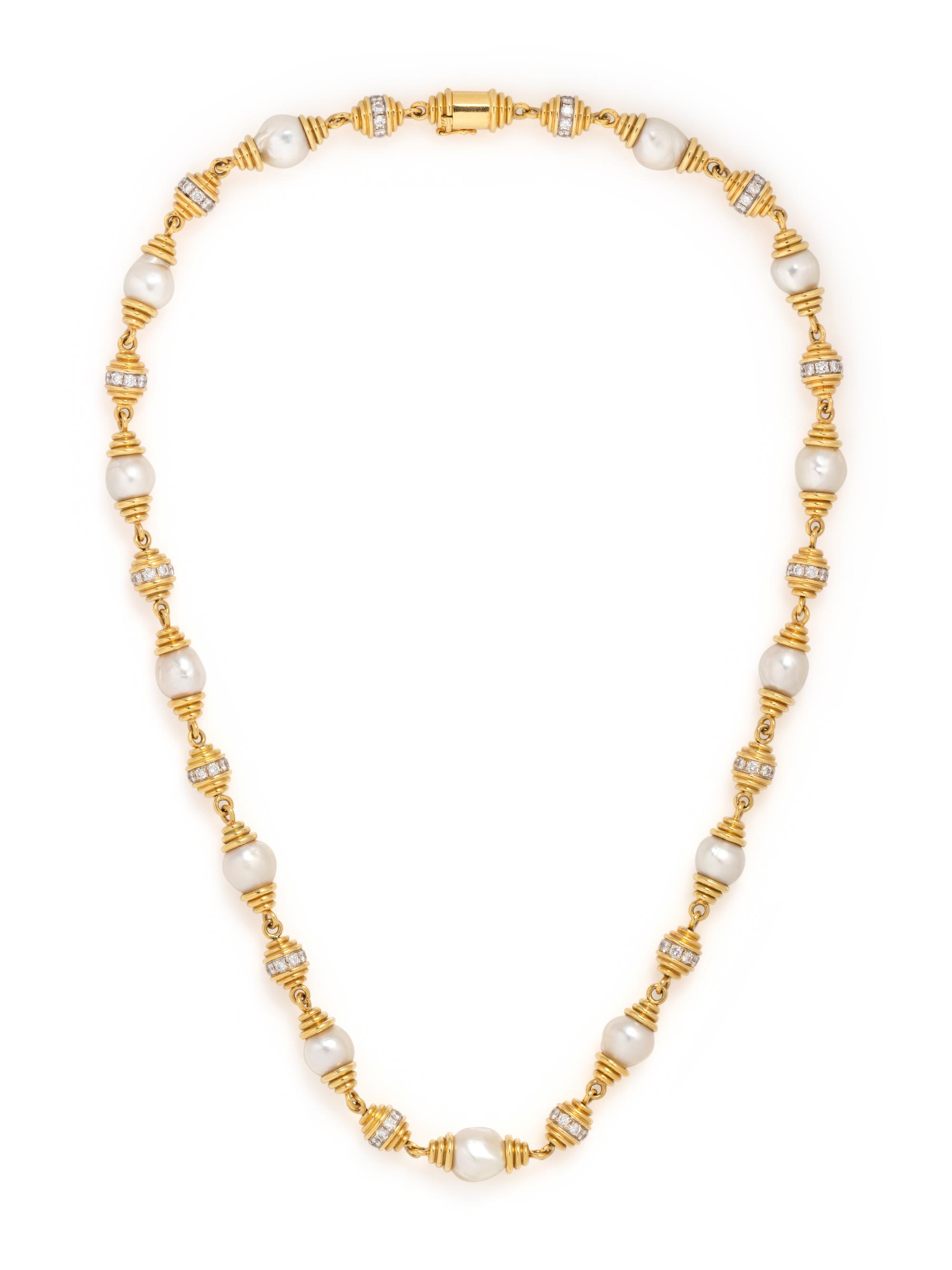 YELLOW GOLD, DIAMOND AND CULTURED BAROQUE PEARL NECKLACE