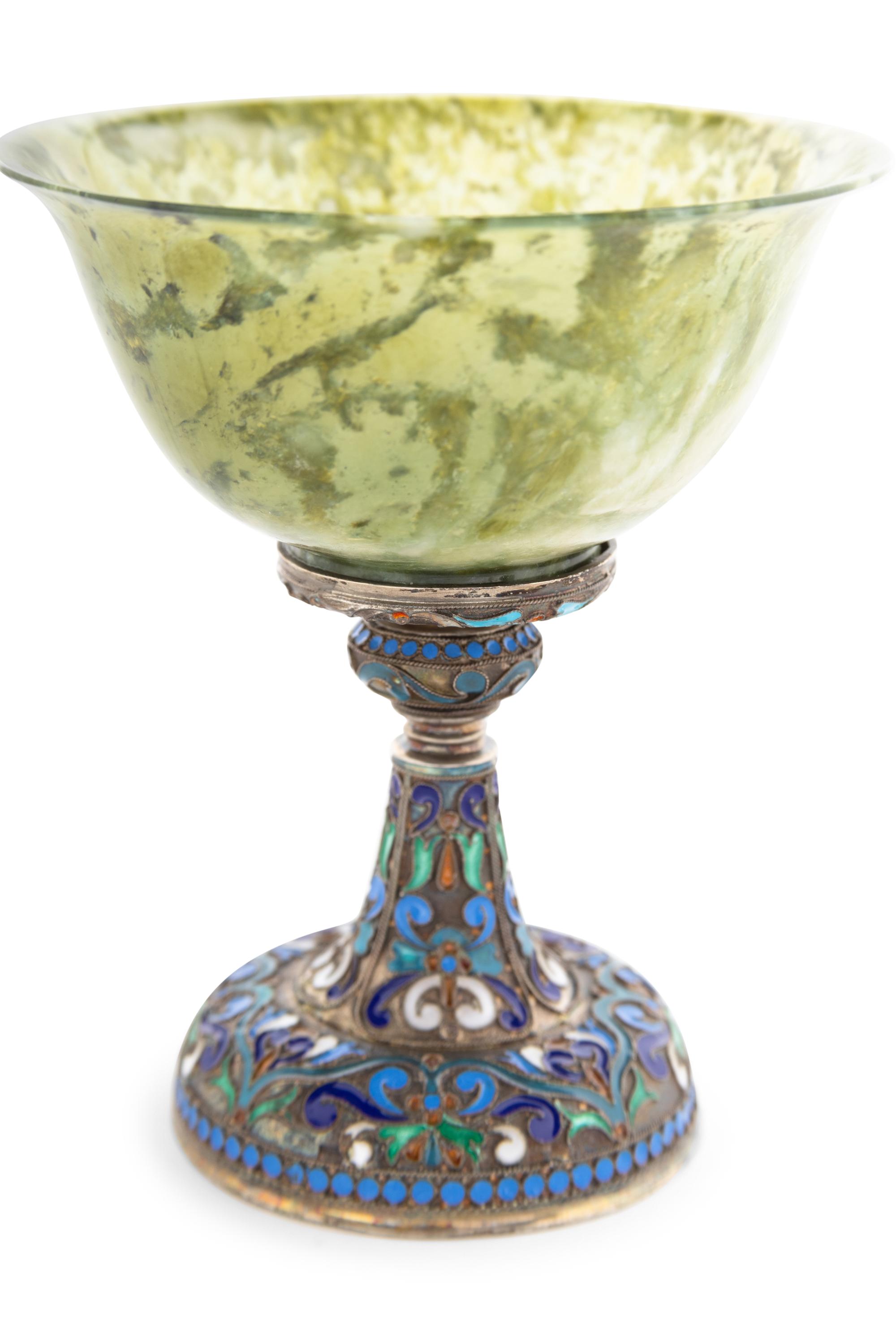 A Russian Enameled Silver and Carved Jade Chalice