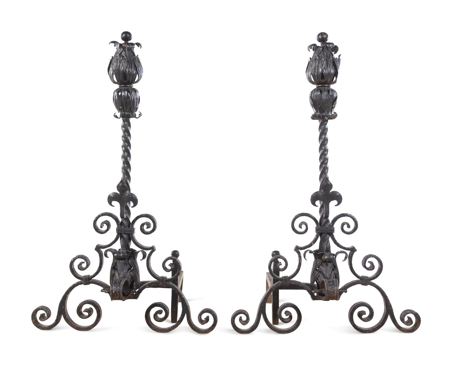 A Pair of Baroque Style Wrought Iron and Metal Andirons