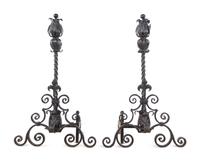A Pair of Baroque Style Wrought Iron and Metal Andirons