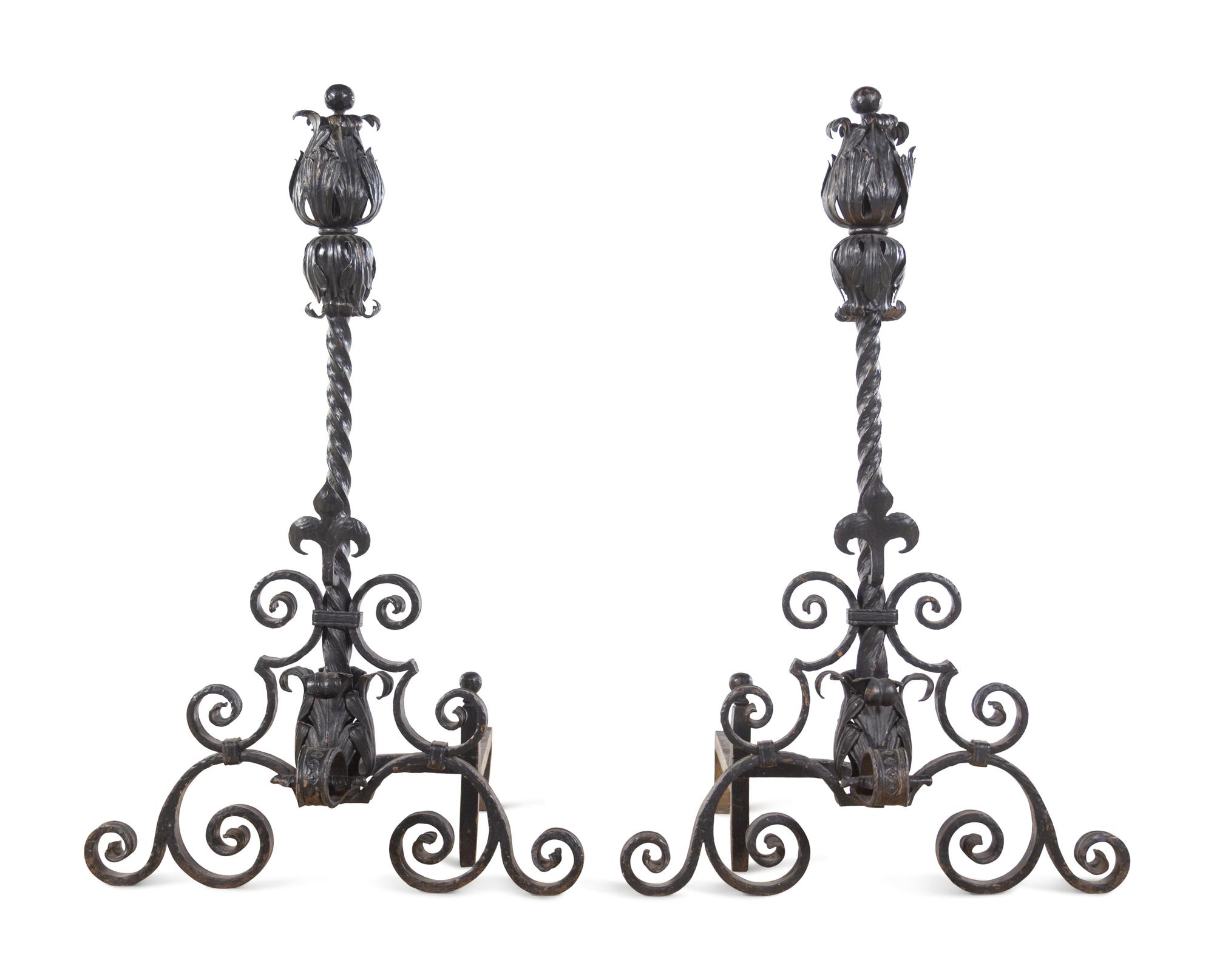A Pair of Baroque Style Wrought Iron and Metal Andirons
