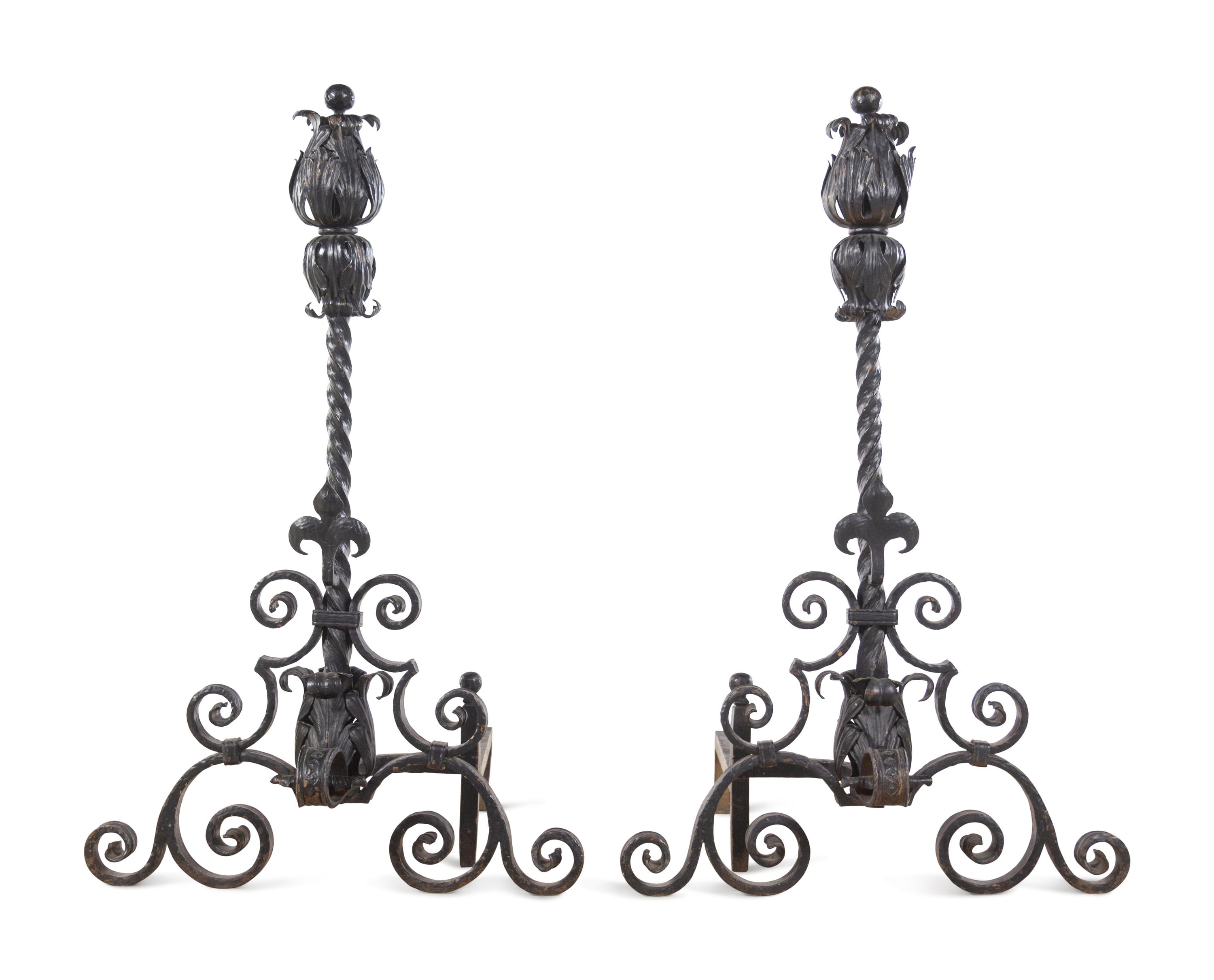 A Pair of Baroque Style Wrought Iron and Metal Andirons