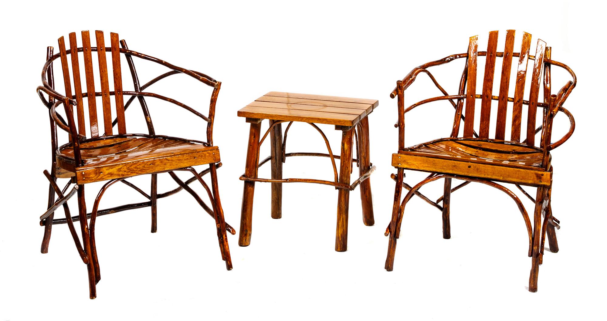 Two Old Hickory Style Chairs and Side Table