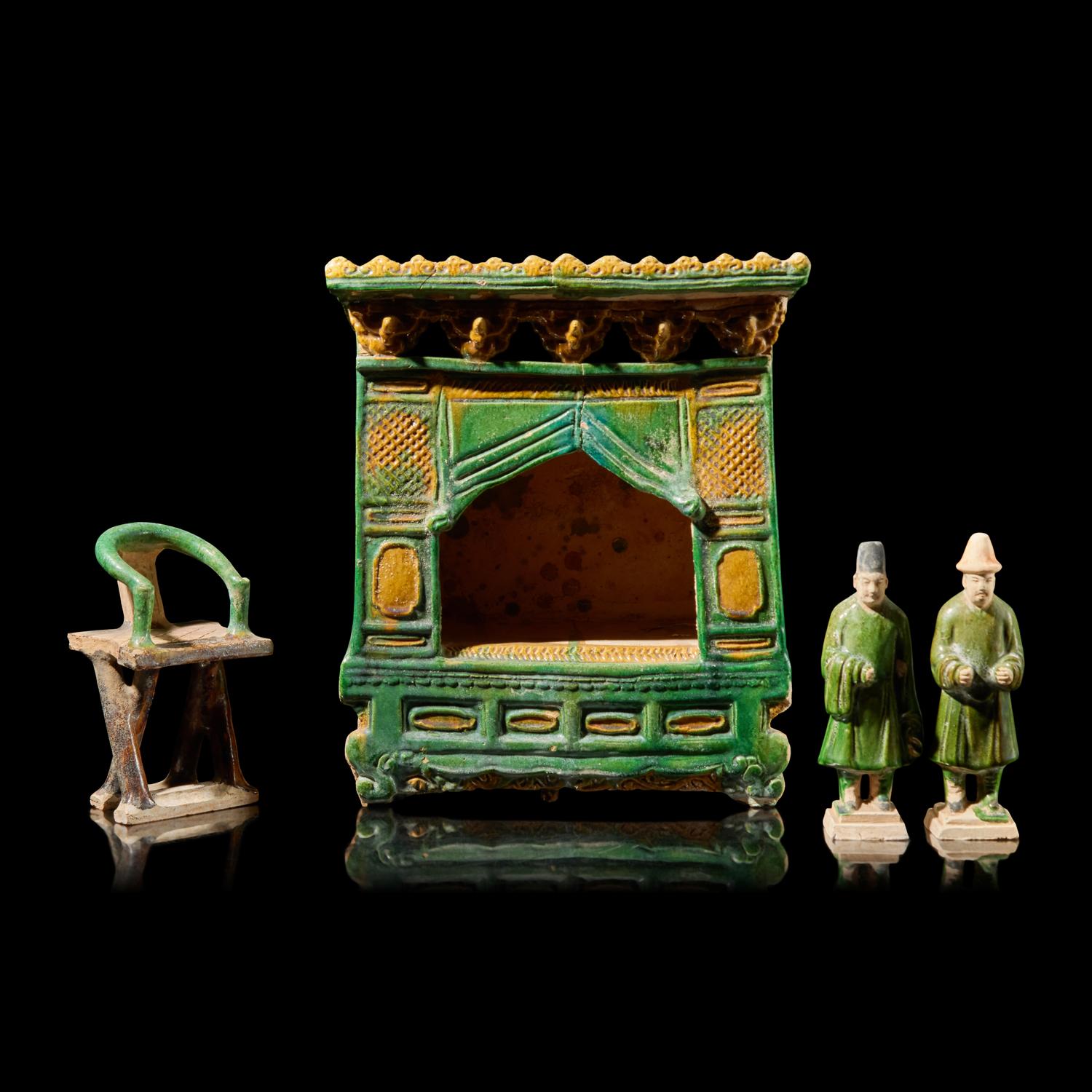 A Group of Four Chinese Sancai Glazed Tomb Wares, Ming Dynasty — 明 三彩交椅、陶俑及床等一組四件