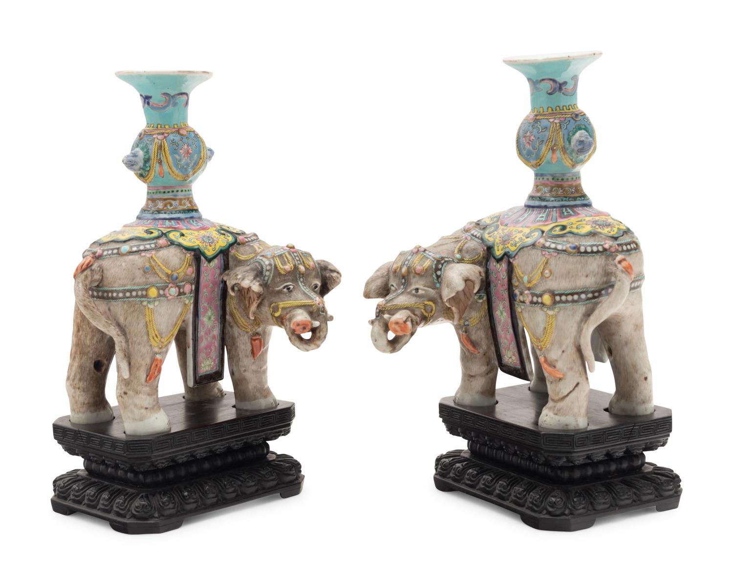A Pair of Chinese Famille Rose Porcelain Elephant-Form Candlesticks