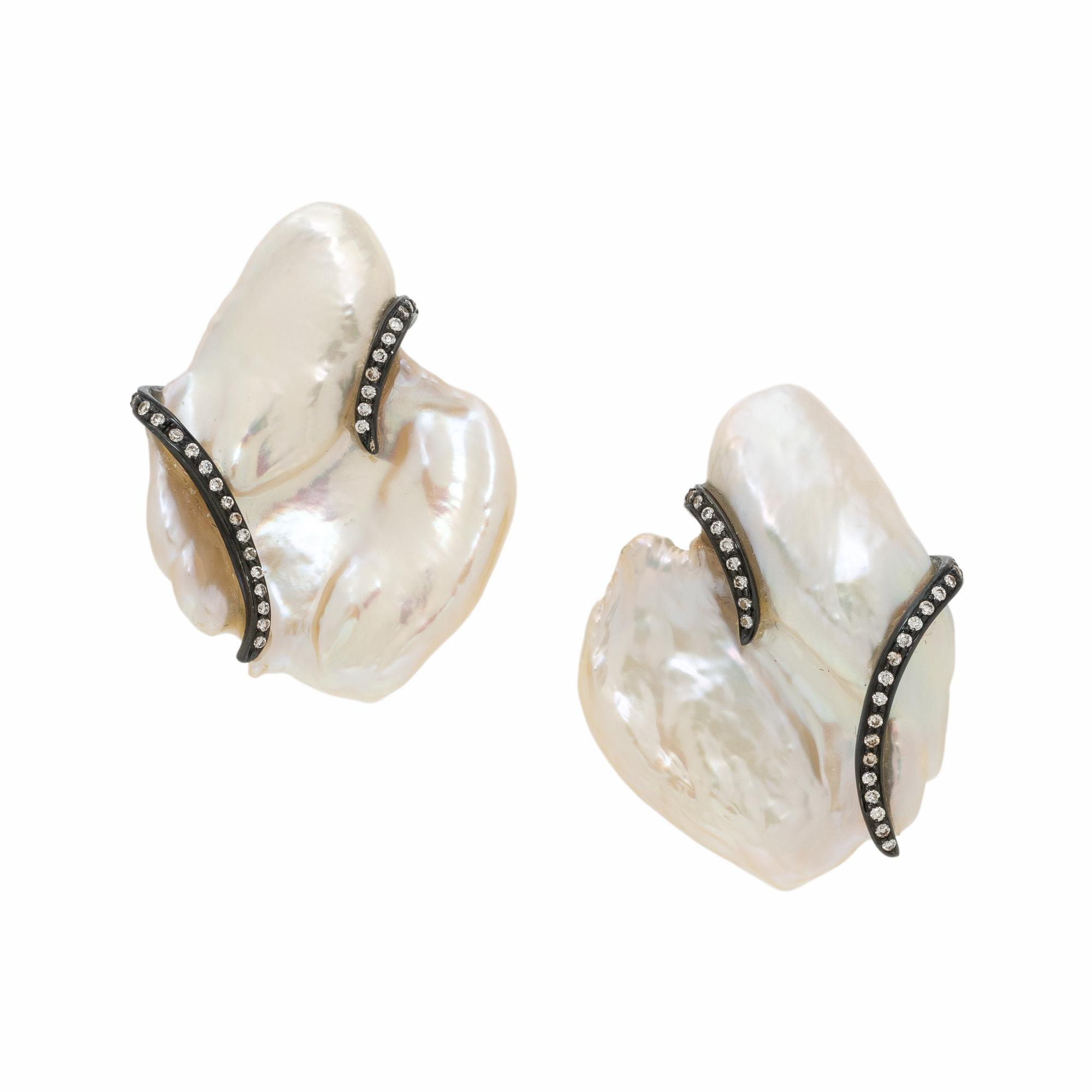 Gioia, Baroque Cultured Pearl, Diamond, and Blackened Gold Earrings