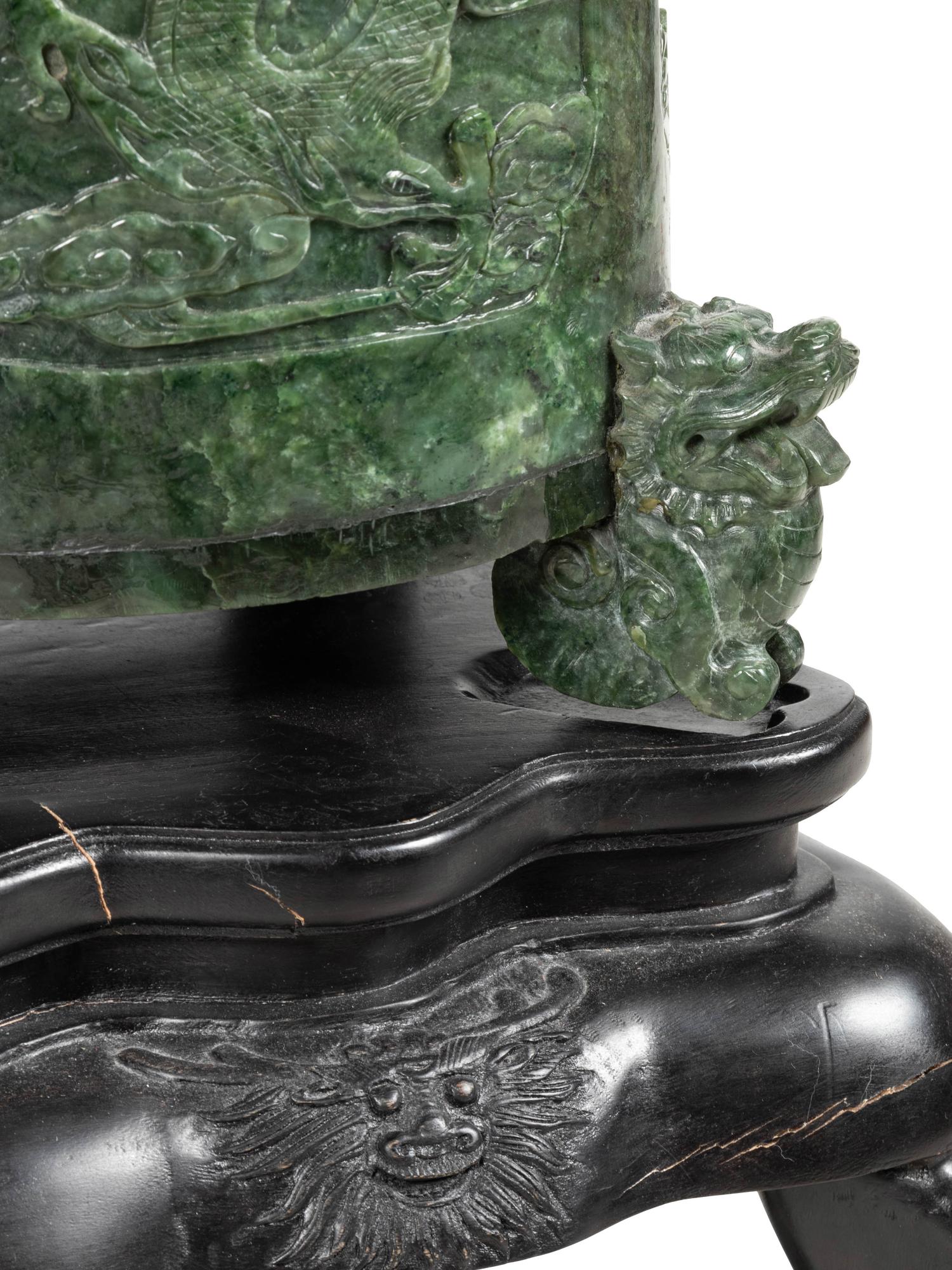 A Pair of Chinese Export Carved Hardstone Covered Vessels and Fitted Carved Hardwood Stands