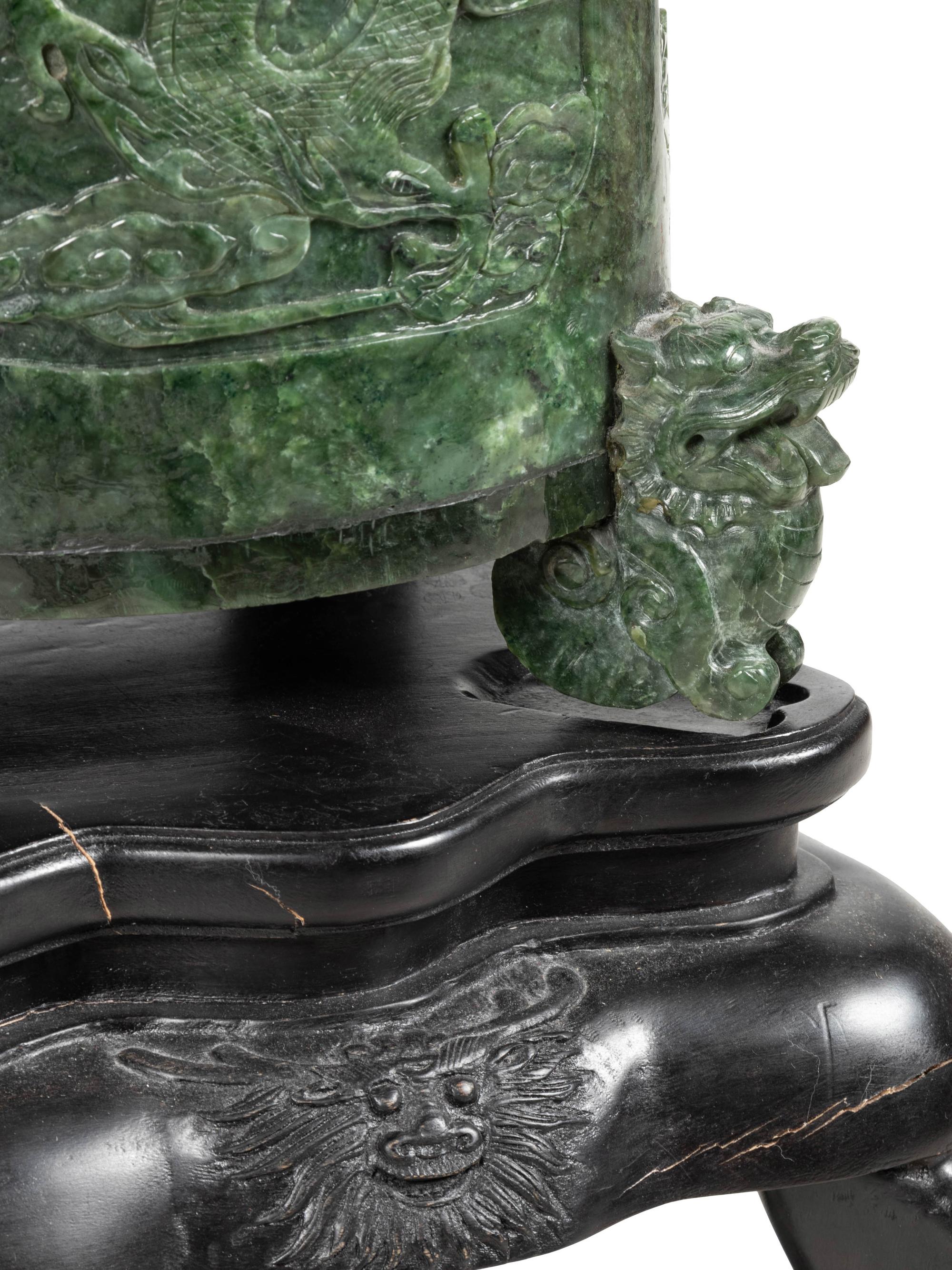 A Pair of Chinese Export Carved Hardstone Covered Vessels and Fitted Carved Hardwood Stands
