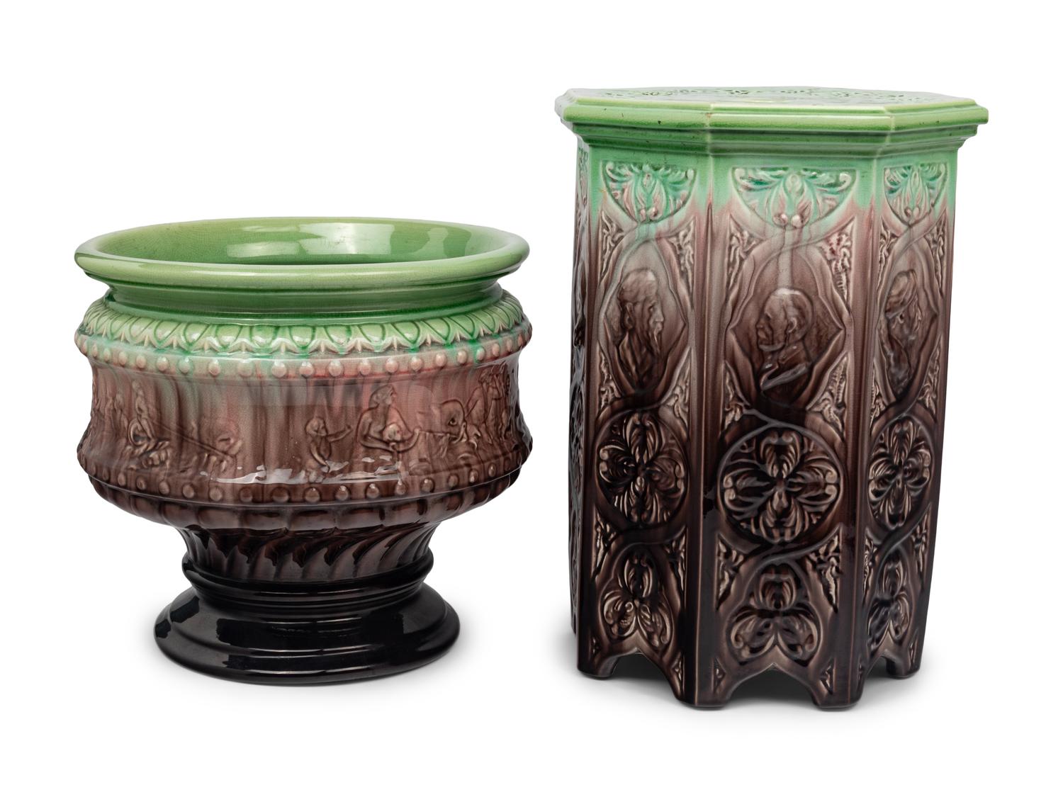 A Continental Majolica Jardinière and Pedestal