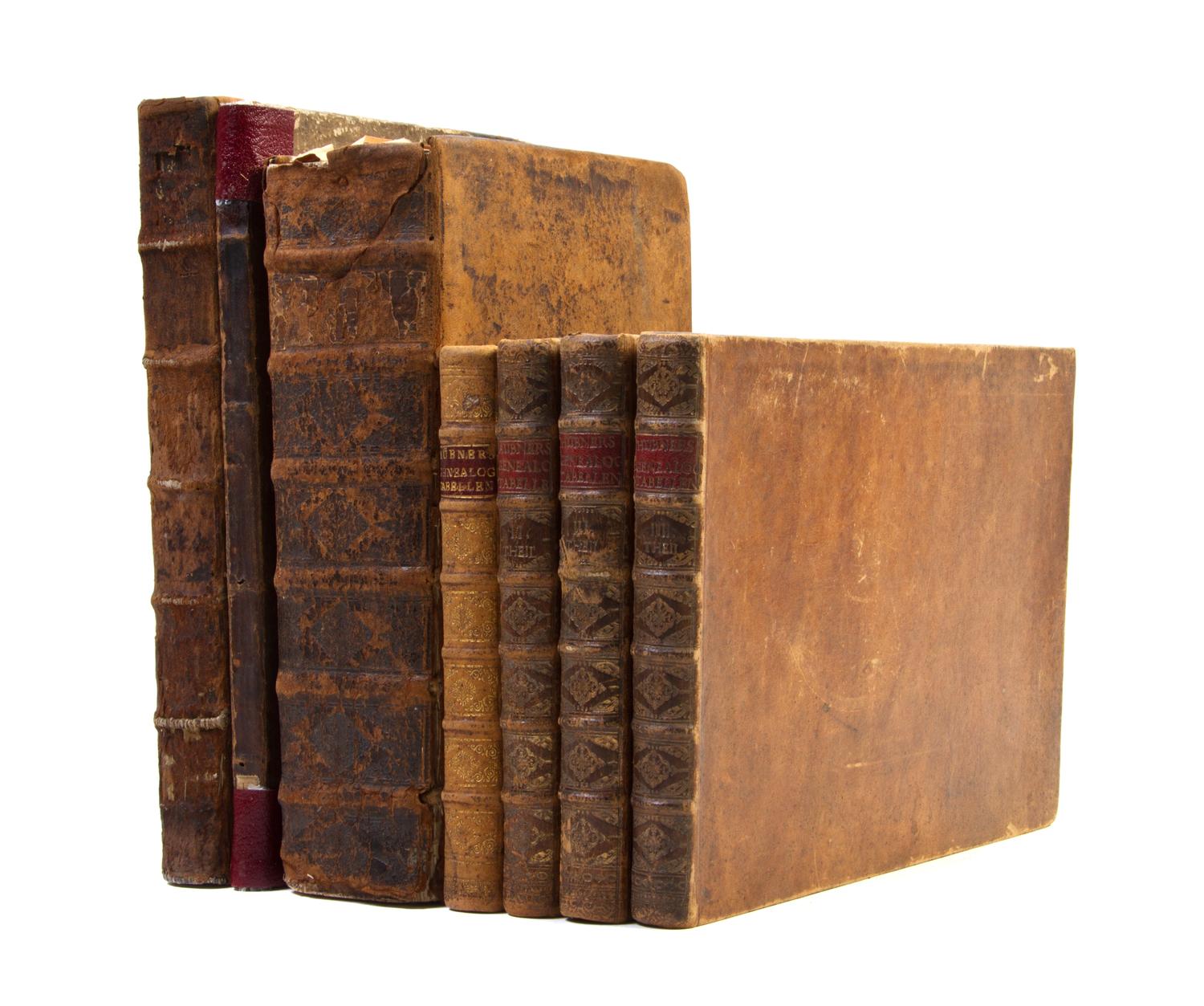 (GENEALOGY) A group of four works pertaining to genealogy, in six vols., together with one other.