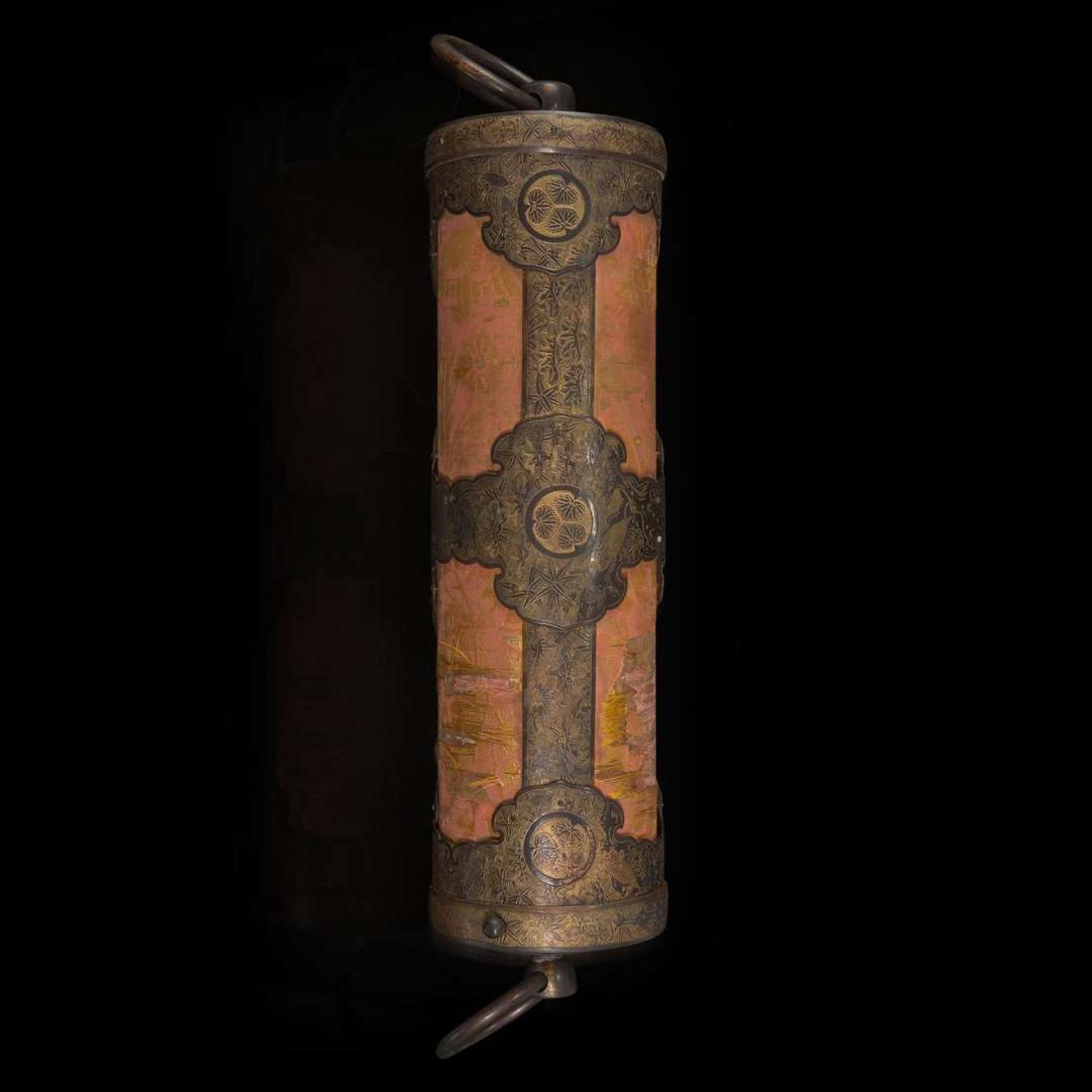 An unusual Japanese gilt, patinated and engraved metal-mounted cylindrical container 日本加漆鎏金圆筒 Edo/early Meiji period ?????
