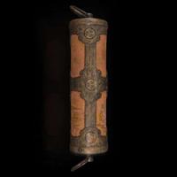 An unusual Japanese gilt, patinated and engraved metal-mounted cylindrical container 日本加漆鎏金圆筒 Edo/early Meiji period ?????