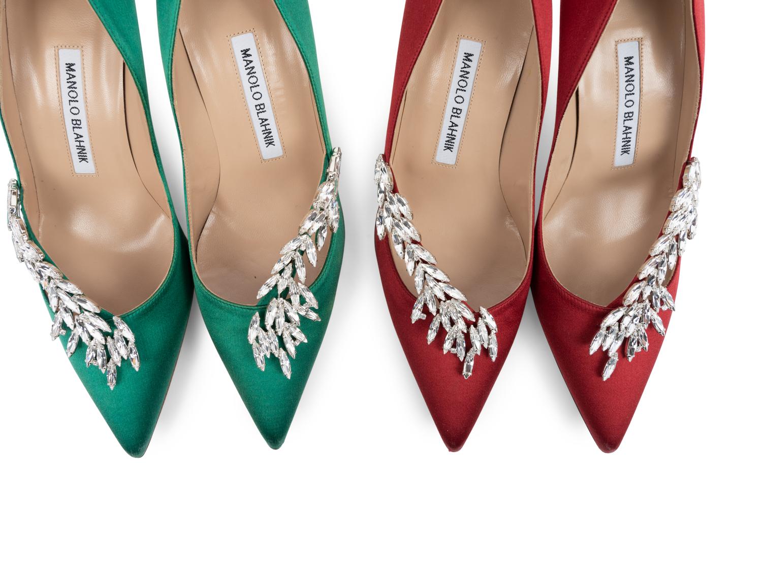 Two Pairs of Manolo Blahnik Satin Heels and Two Matching Clutches