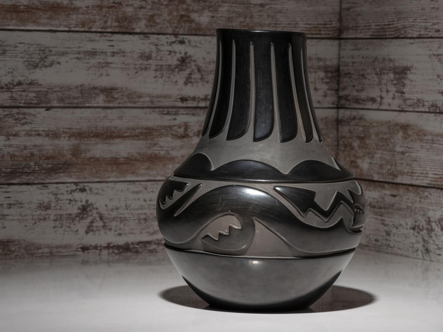 Carve Blackware Pottery Jar, with Avanyu