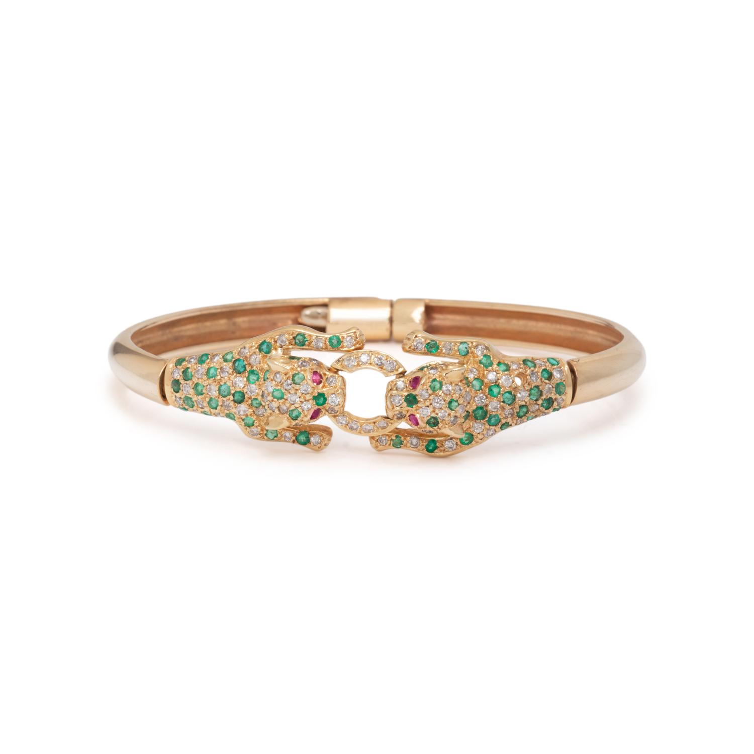 DIAMOND, EMERALD, AND RUBY LEOPARD BANGLE BRACELET