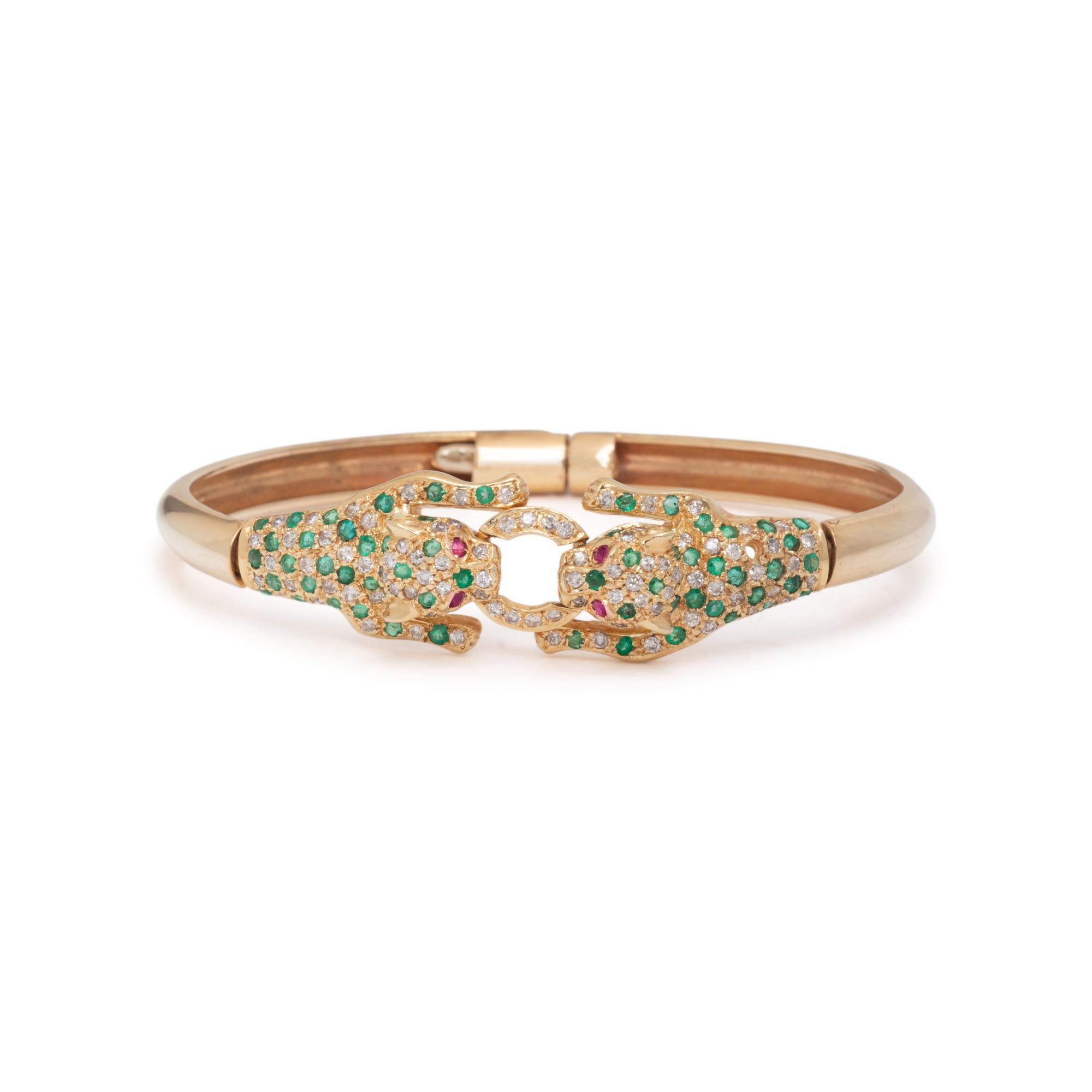 DIAMOND, EMERALD, AND RUBY LEOPARD BANGLE BRACELET
