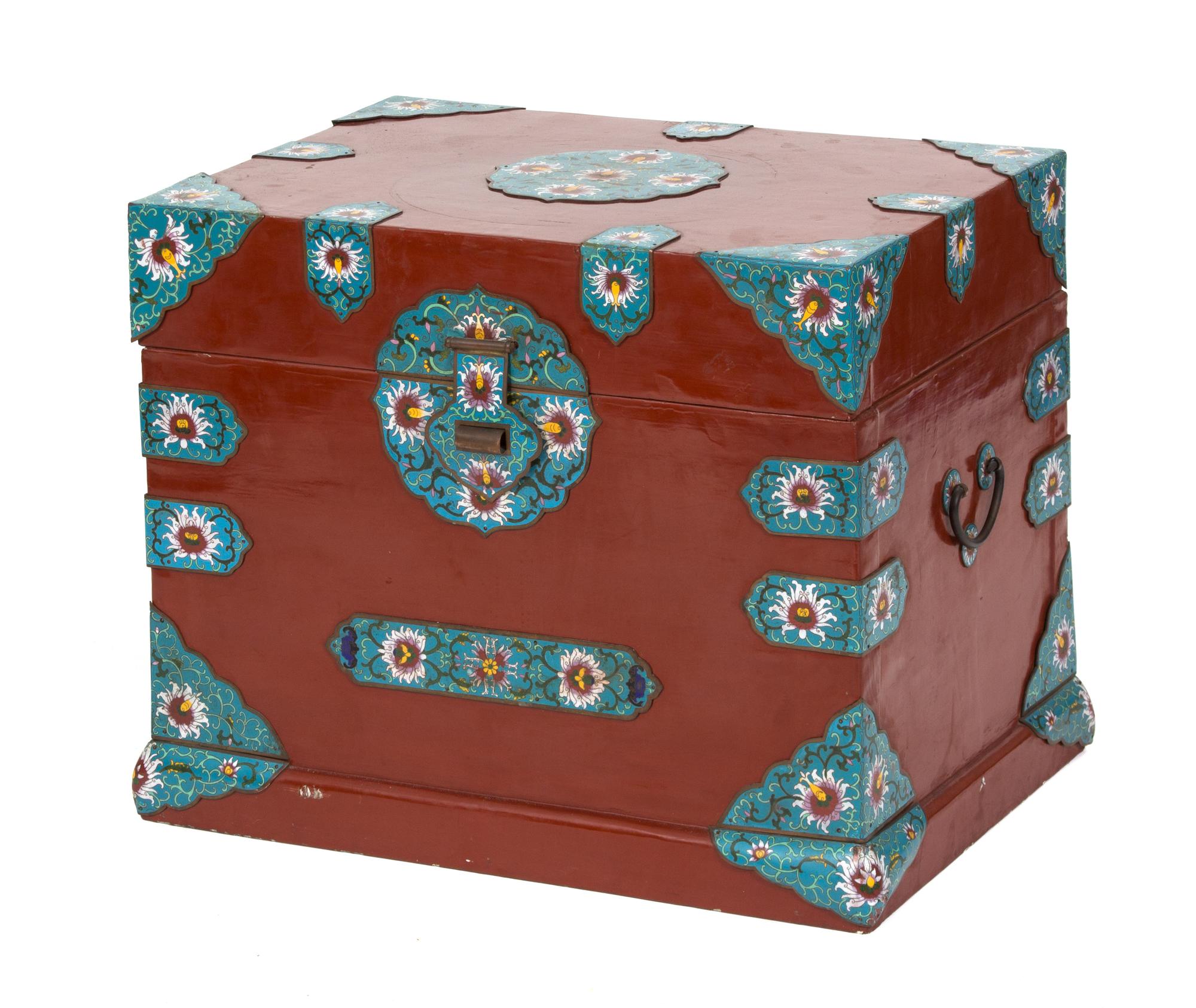 A Chinese Red Lacquer Bride's Box with Champleve Enamel Mounts Height 21 x width 25 1/2 x depth 18 1/2 inches. — 19TH CENTURY