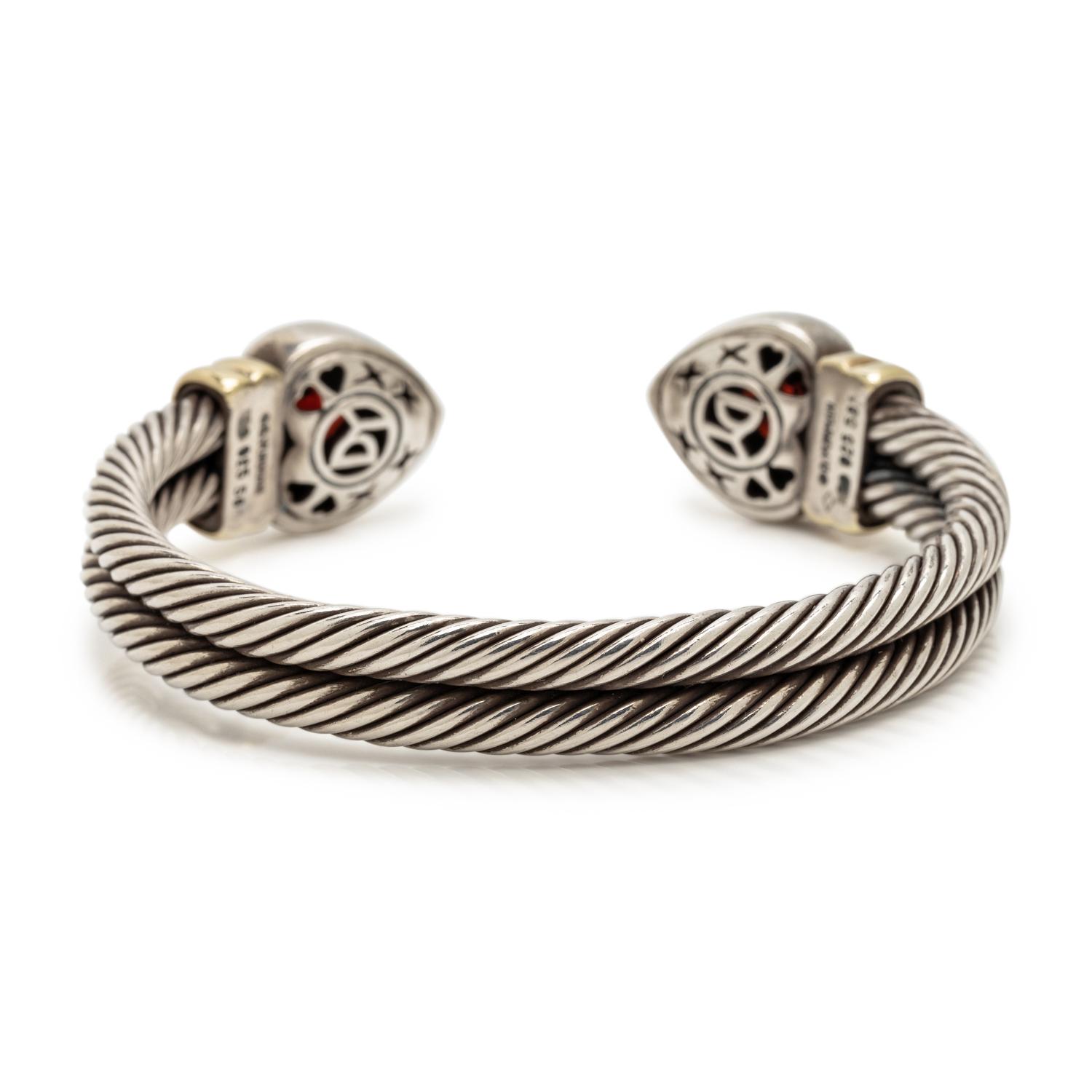 DAVID YURMAN, STERLING SILVER, YELLOW GOLD AND GARNET 'DOUBLE CABLE HEART' CUFF BRACELET