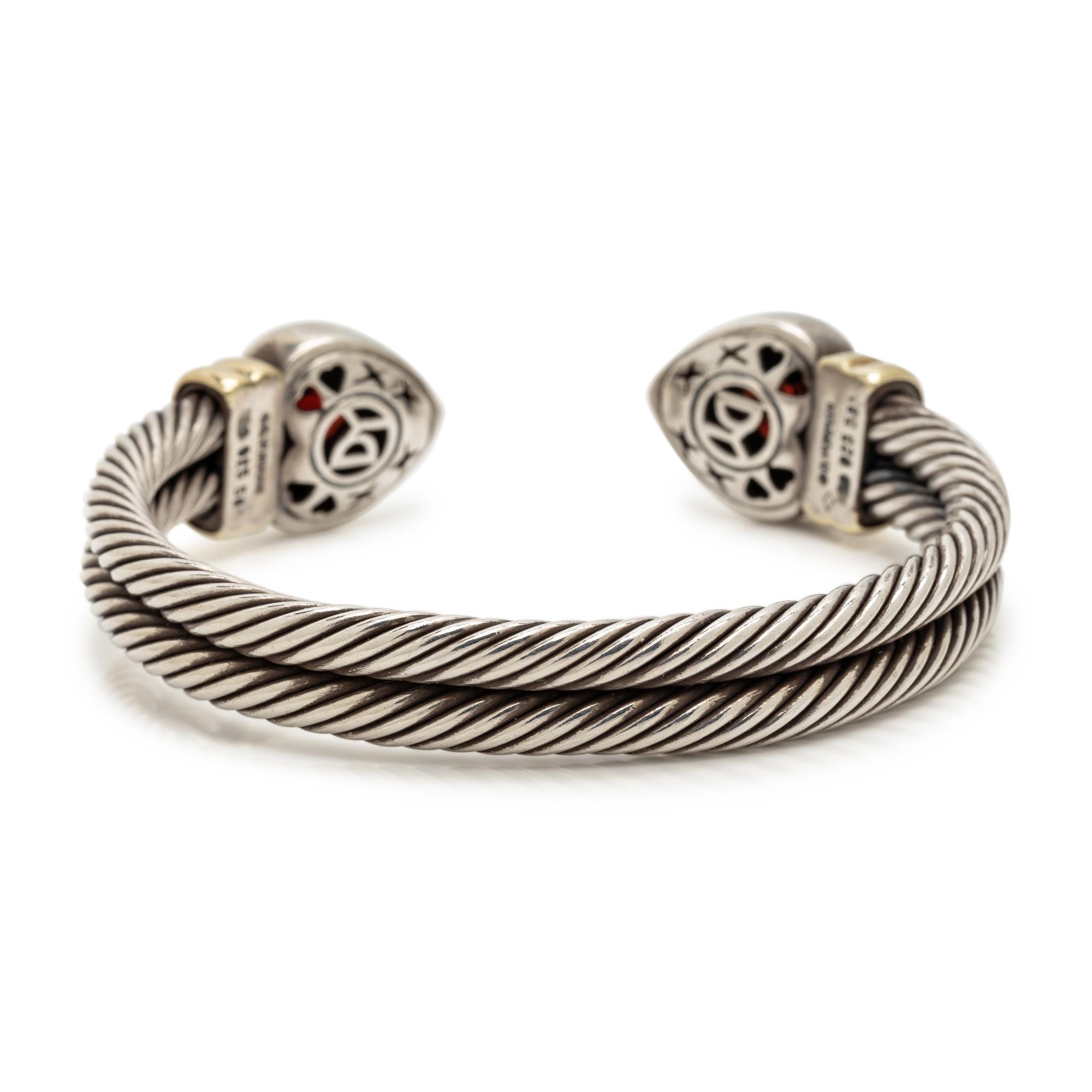 DAVID YURMAN, STERLING SILVER, YELLOW GOLD AND GARNET 'DOUBLE CABLE HEART' CUFF BRACELET
