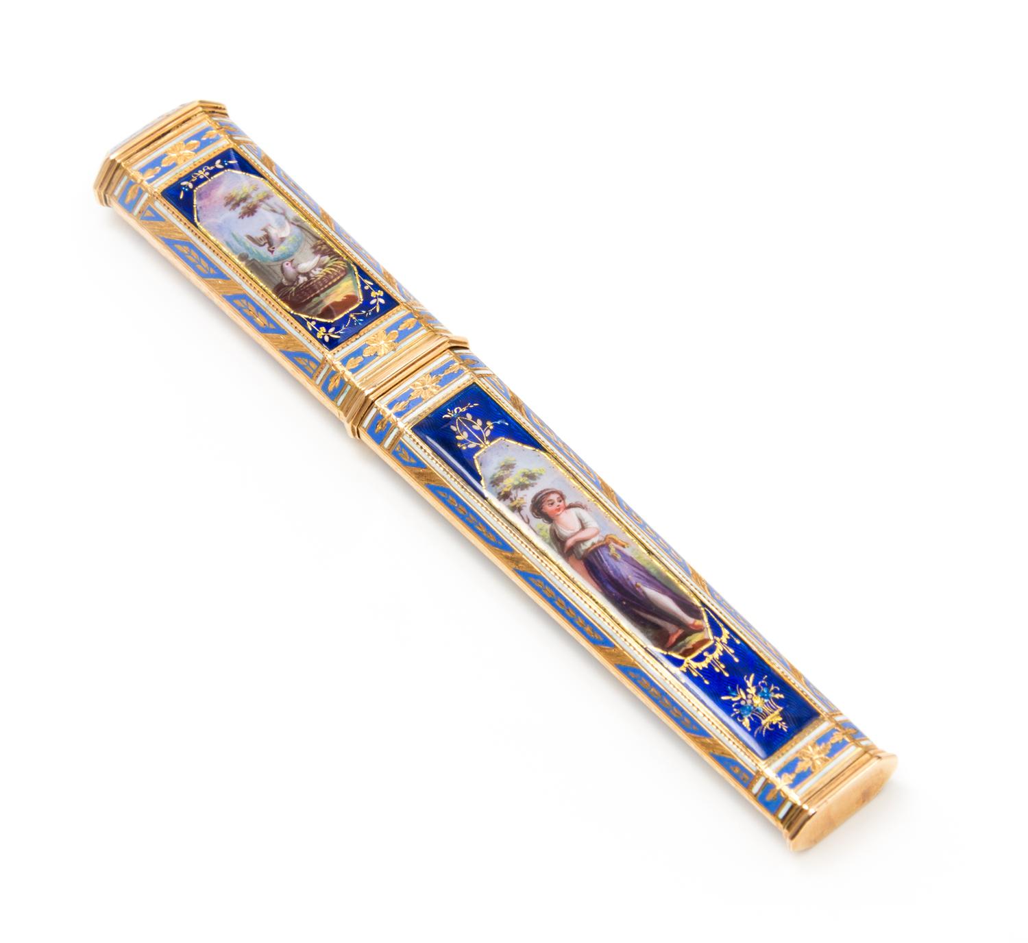 A Continental Gold and Enamel Etui, Circa 1800, the removable cover with elongated octagonal reserves depicting doves in a landscape be