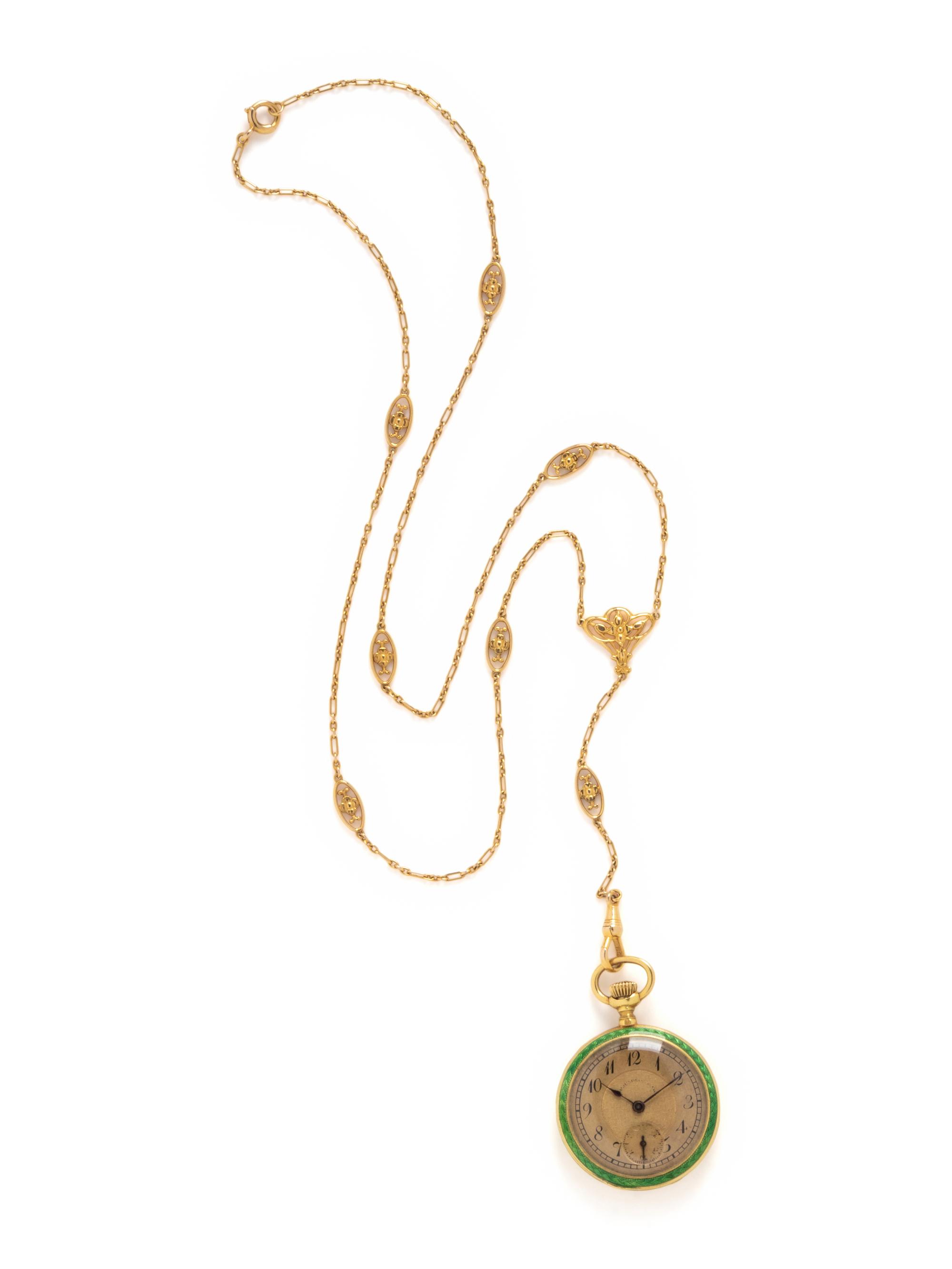 SPAULDING & CO., ANTIQUE, YELLOW GOLD AND ENAMEL PENDANT WATCH AND CHAIN