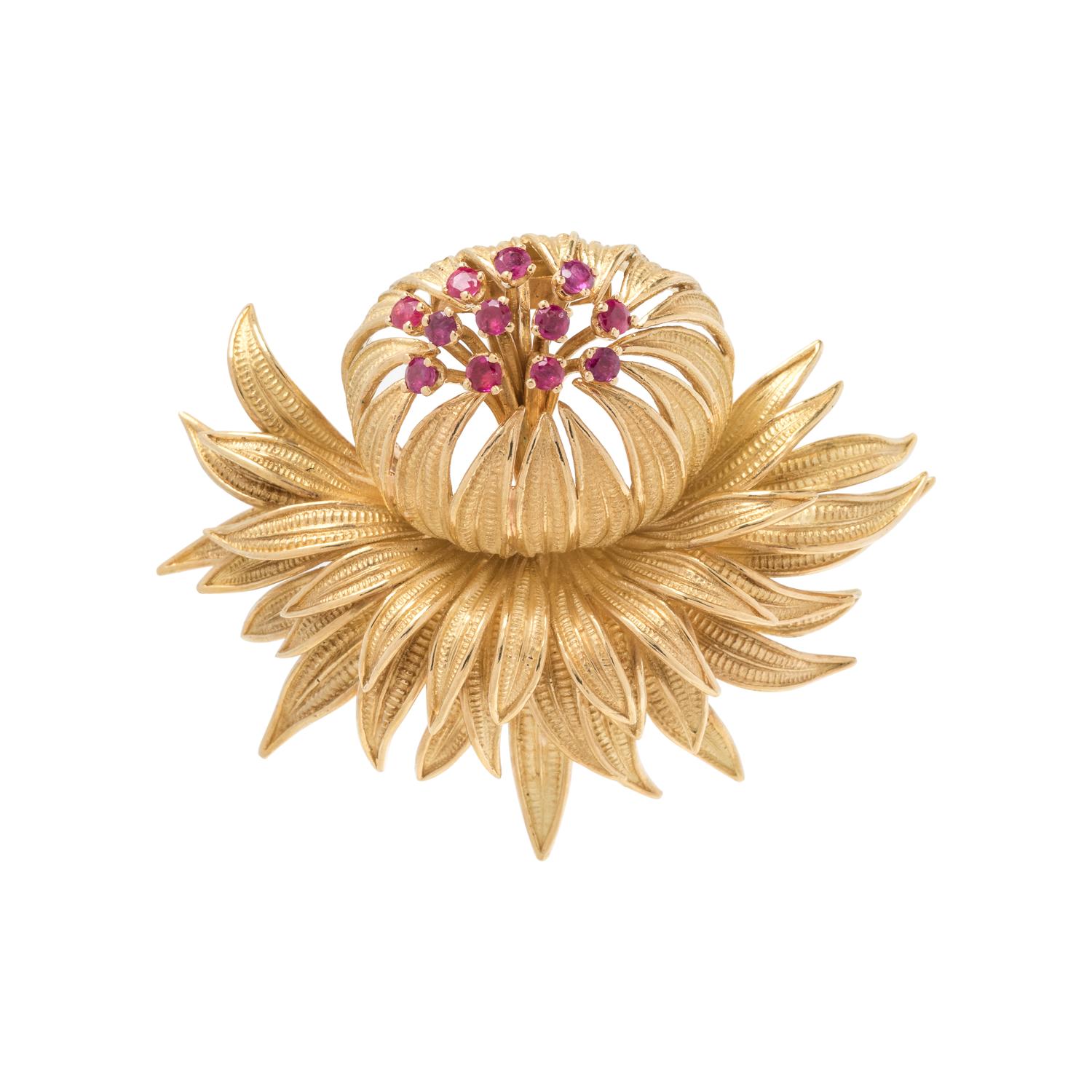 CARTIER, YELLOW GOLD AND RUBY THISTLE BROOCH