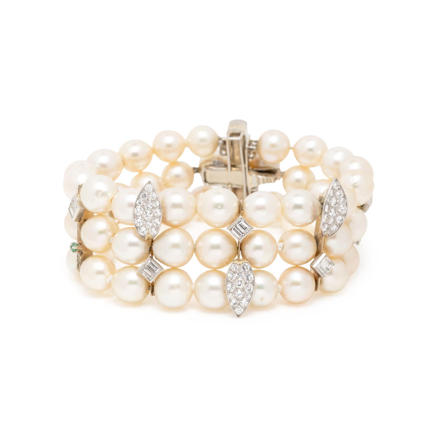 CULTURED PEARL, EMERALD, AND DIAMOND BRACELET