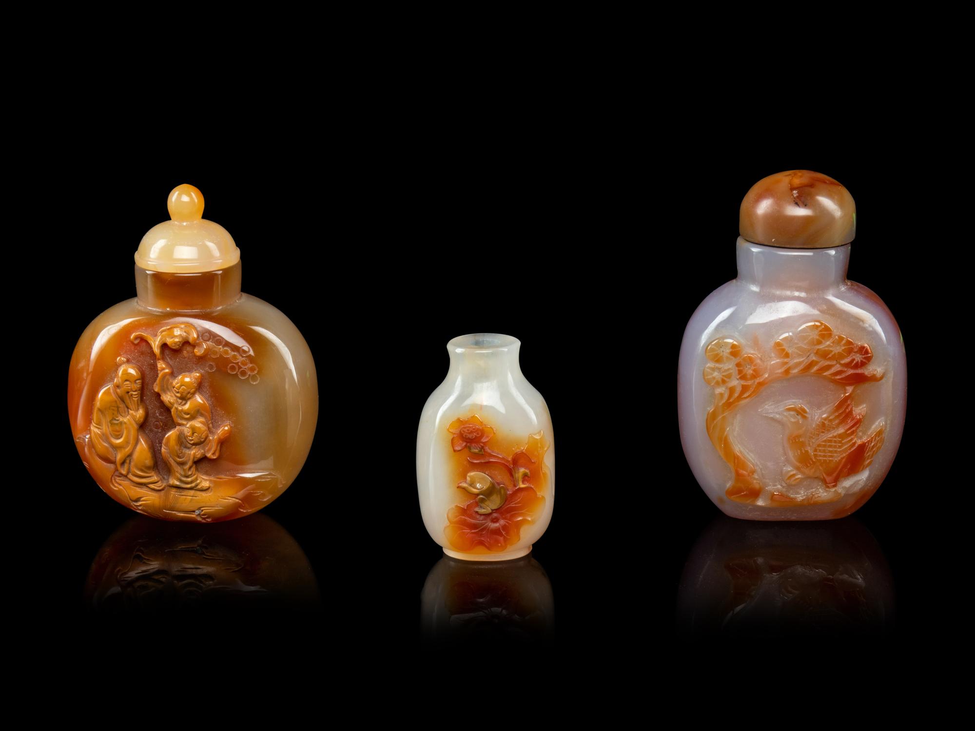Three Chinese Carved Agate Snuff Bottles
