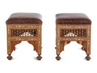 A Pair of Syrian Bone Inlaid Ottomans with Leather Upholstery