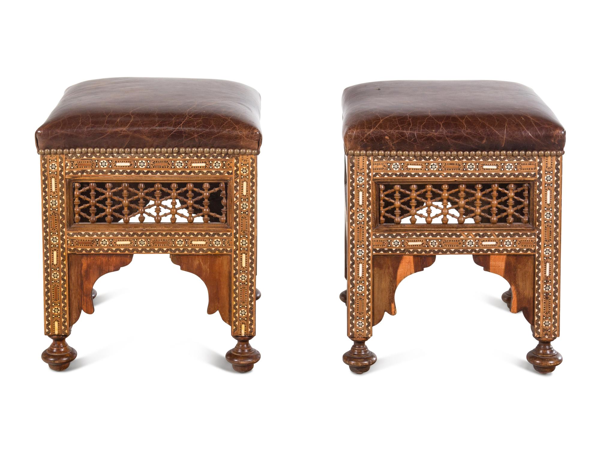 A Pair of Syrian Bone Inlaid Ottomans with Leather Upholstery