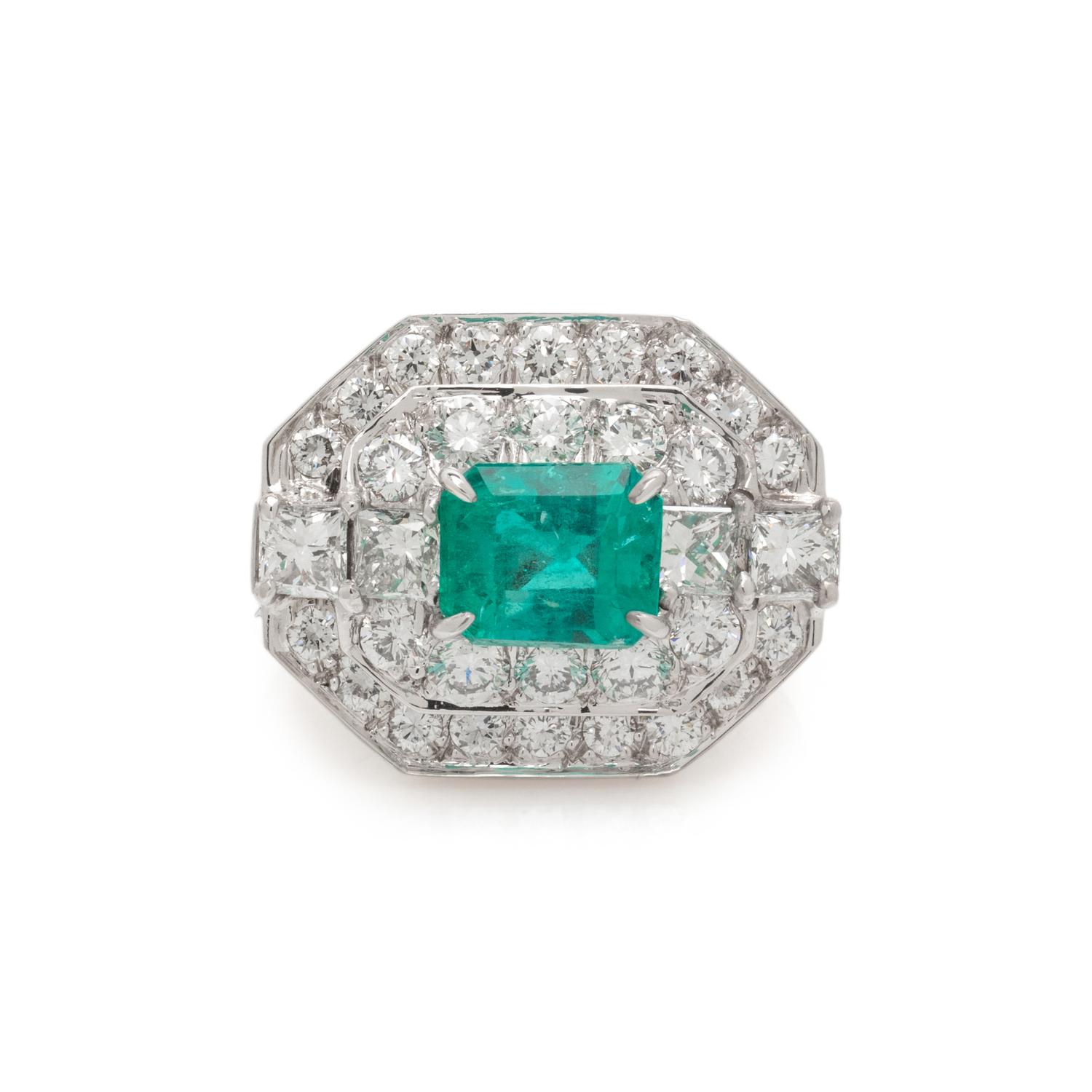 DAVID WEBB, WHITE GOLD, PLATINUM, EMERALD, AND DIAMOND RING