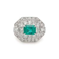 DAVID WEBB, WHITE GOLD, PLATINUM, EMERALD, AND DIAMOND RING