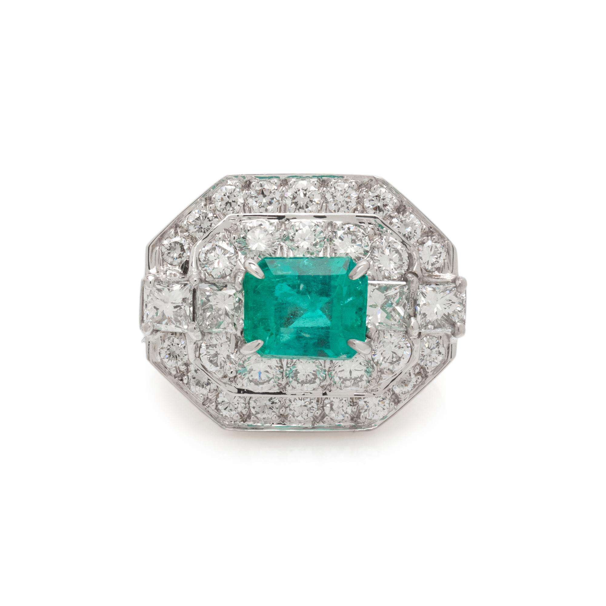 DAVID WEBB, WHITE GOLD, PLATINUM, EMERALD, AND DIAMOND RING