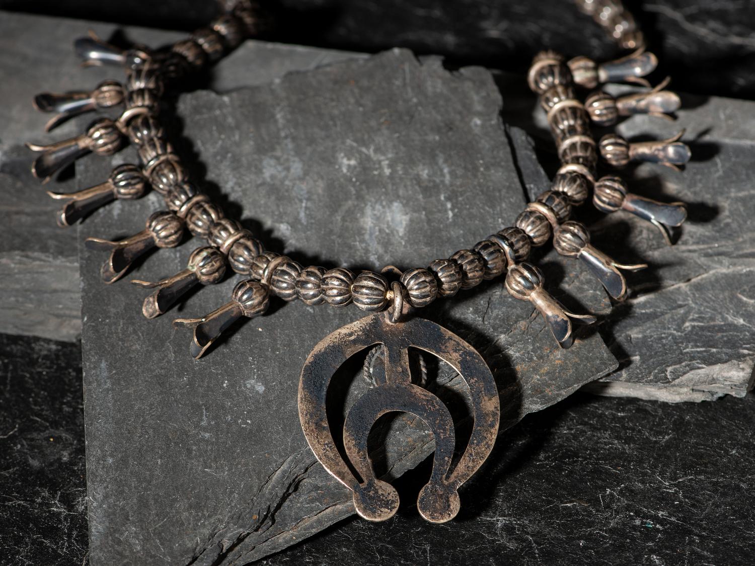 Navajo Silver and Turquoise Squash Blossom Necklace