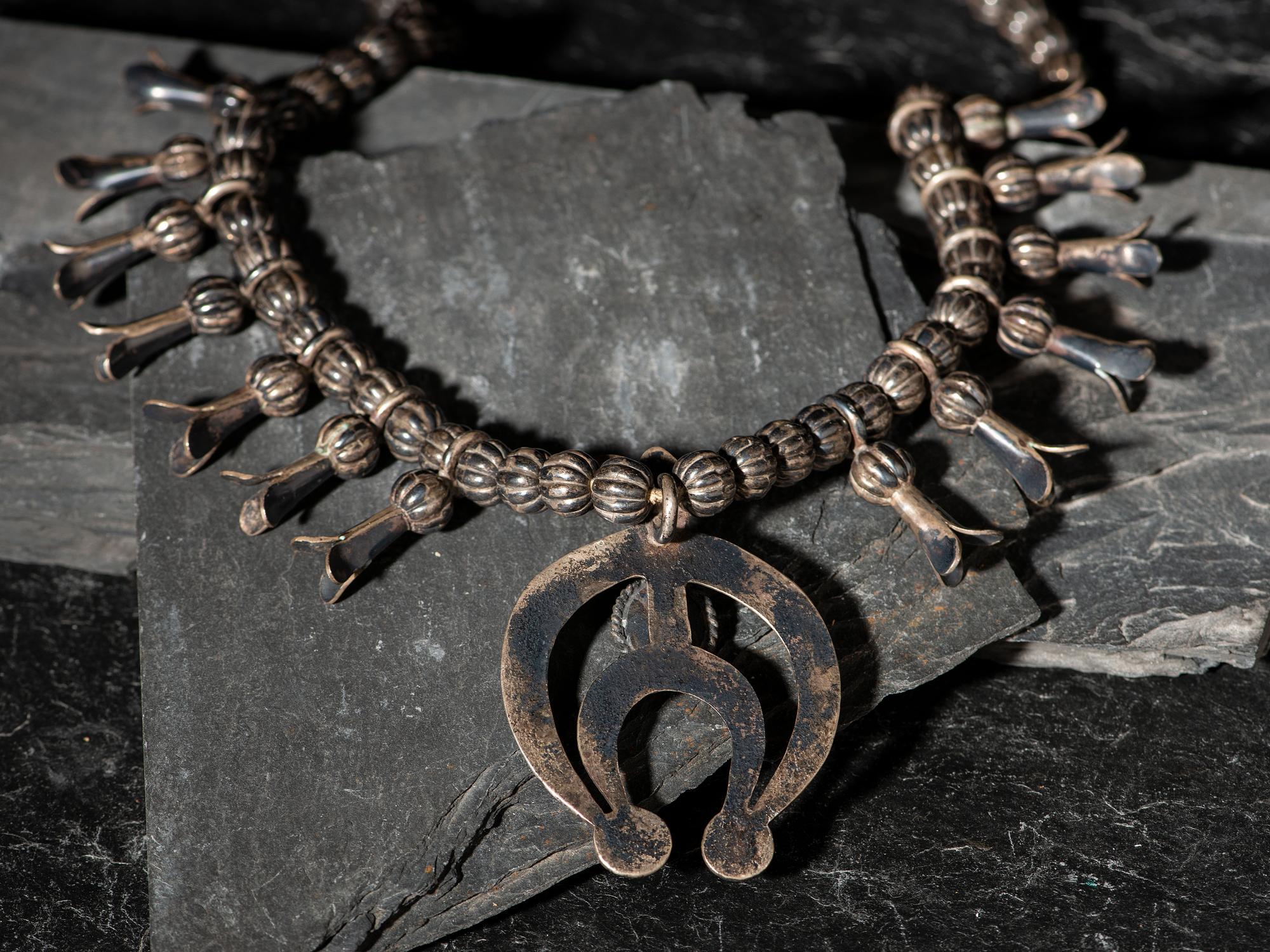 Navajo Silver and Turquoise Squash Blossom Necklace