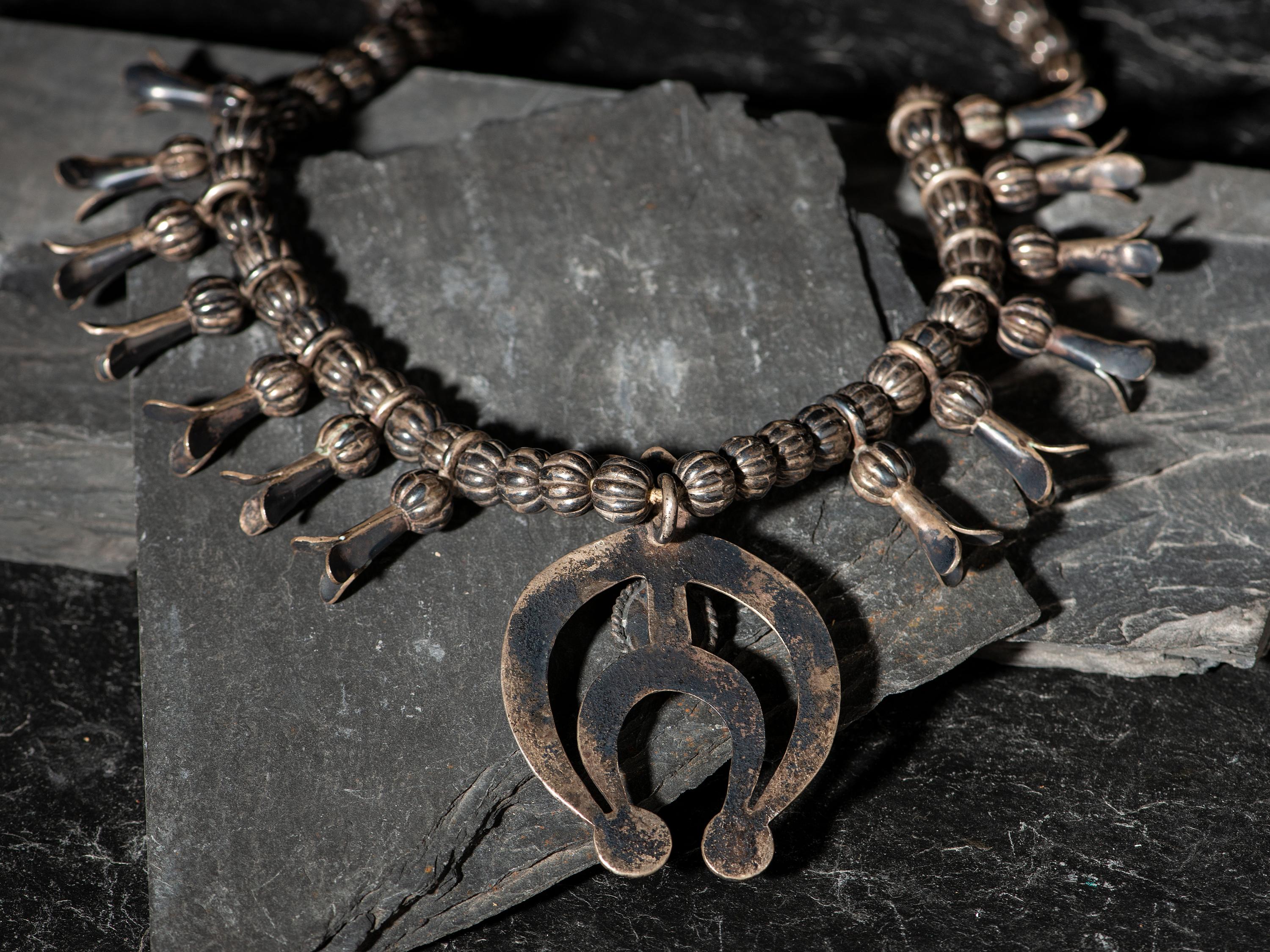 Navajo Silver and Turquoise Squash Blossom Necklace