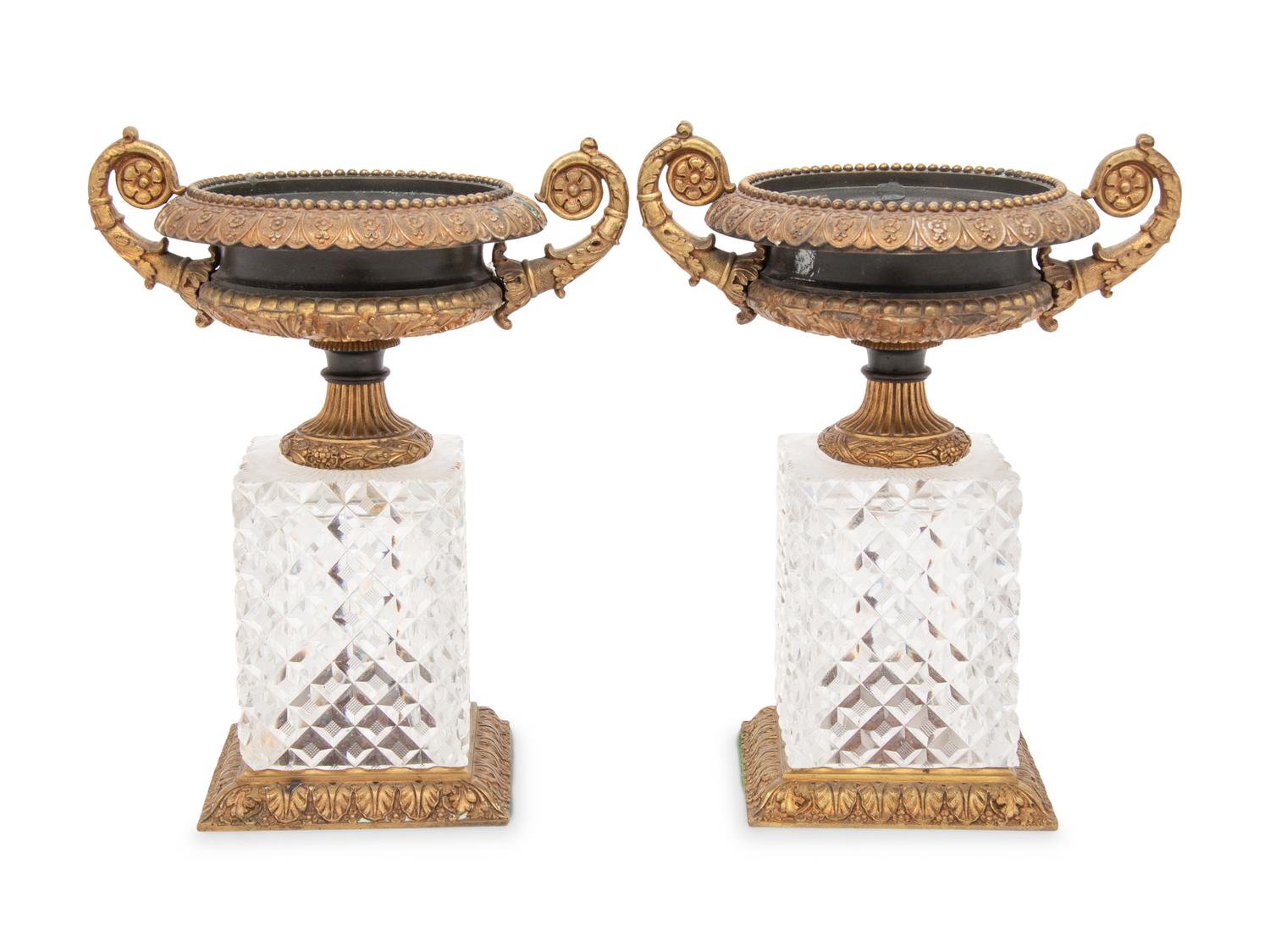 A Pair of French Gilt and Patinated Bronze and Cut Glass Urns