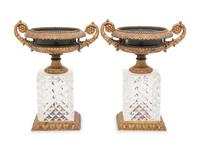 A Pair of French Gilt and Patinated Bronze and Cut Glass Urns