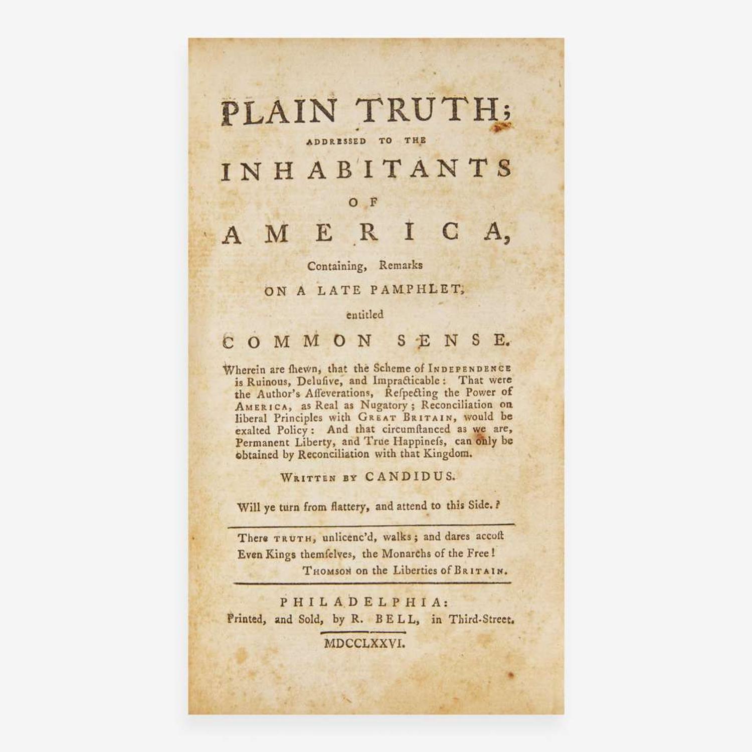 [Americana] (Paine, Thomas, et al.) Common Sense; Addressed to the Inhabitants of America…