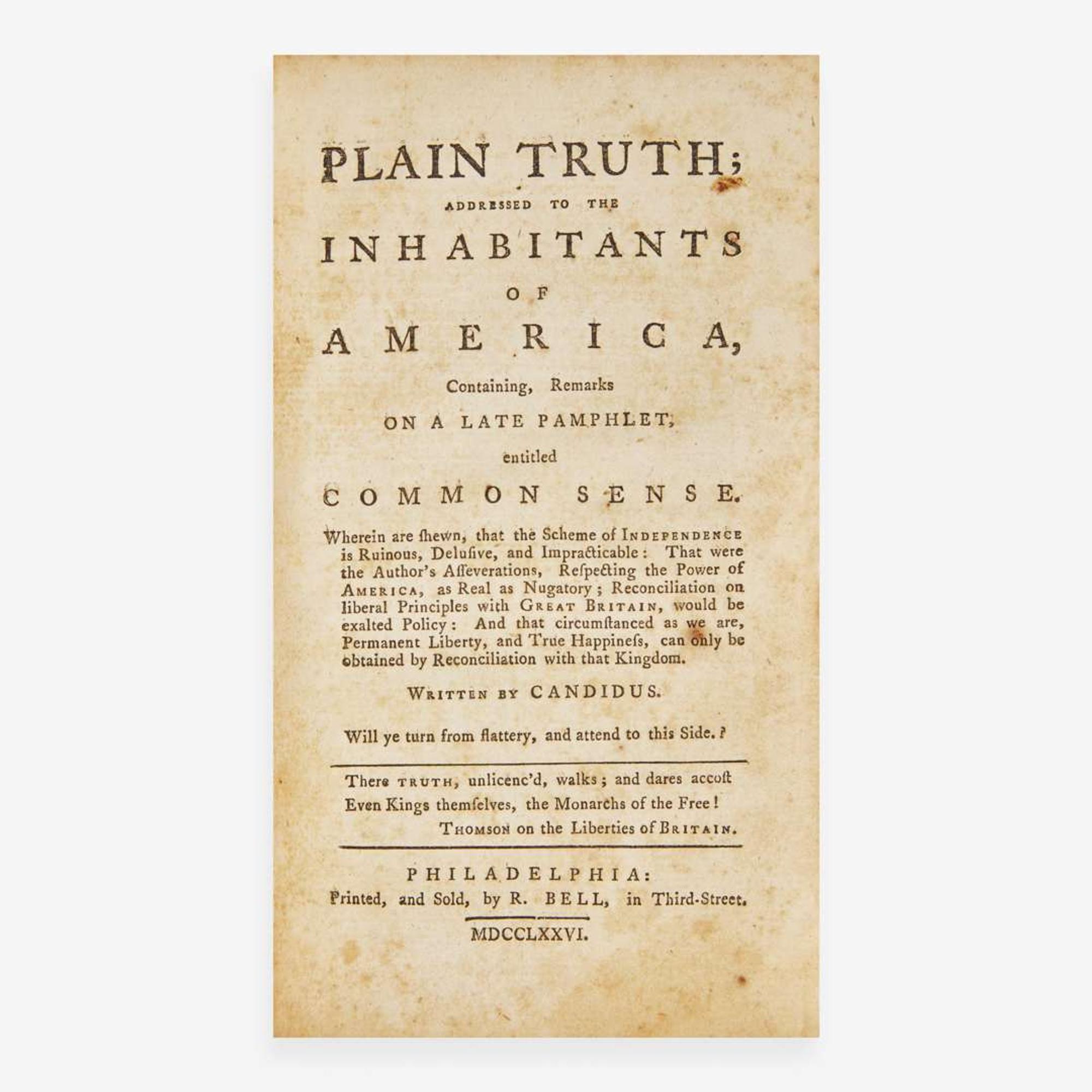 [Americana] (Paine, Thomas, et al.) Common Sense; Addressed to the Inhabitants of America…