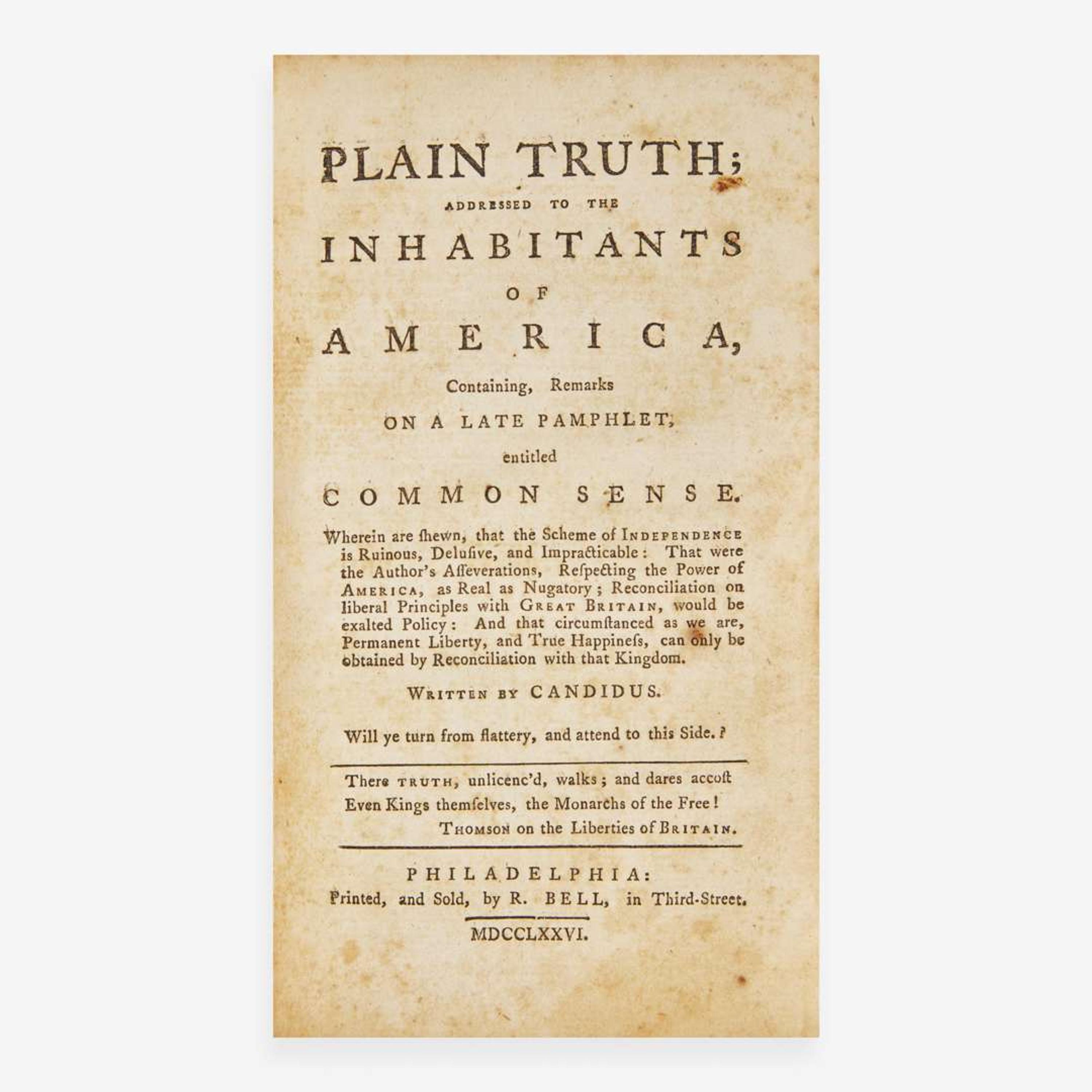 [Americana] (Paine, Thomas, et al.) Common Sense; Addressed to the Inhabitants of America…