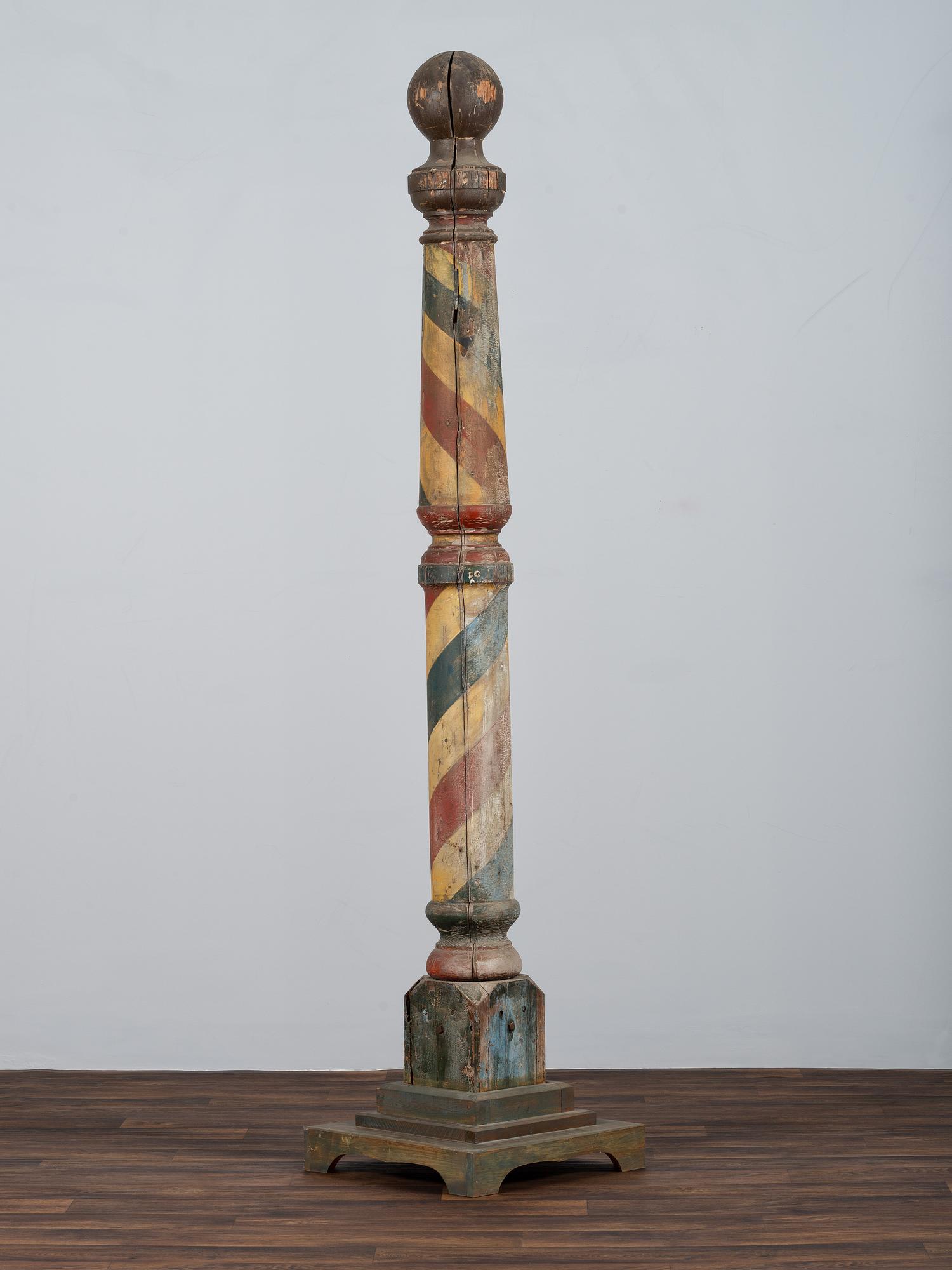 A Turned and Paint Decorated Wood Barber Pole