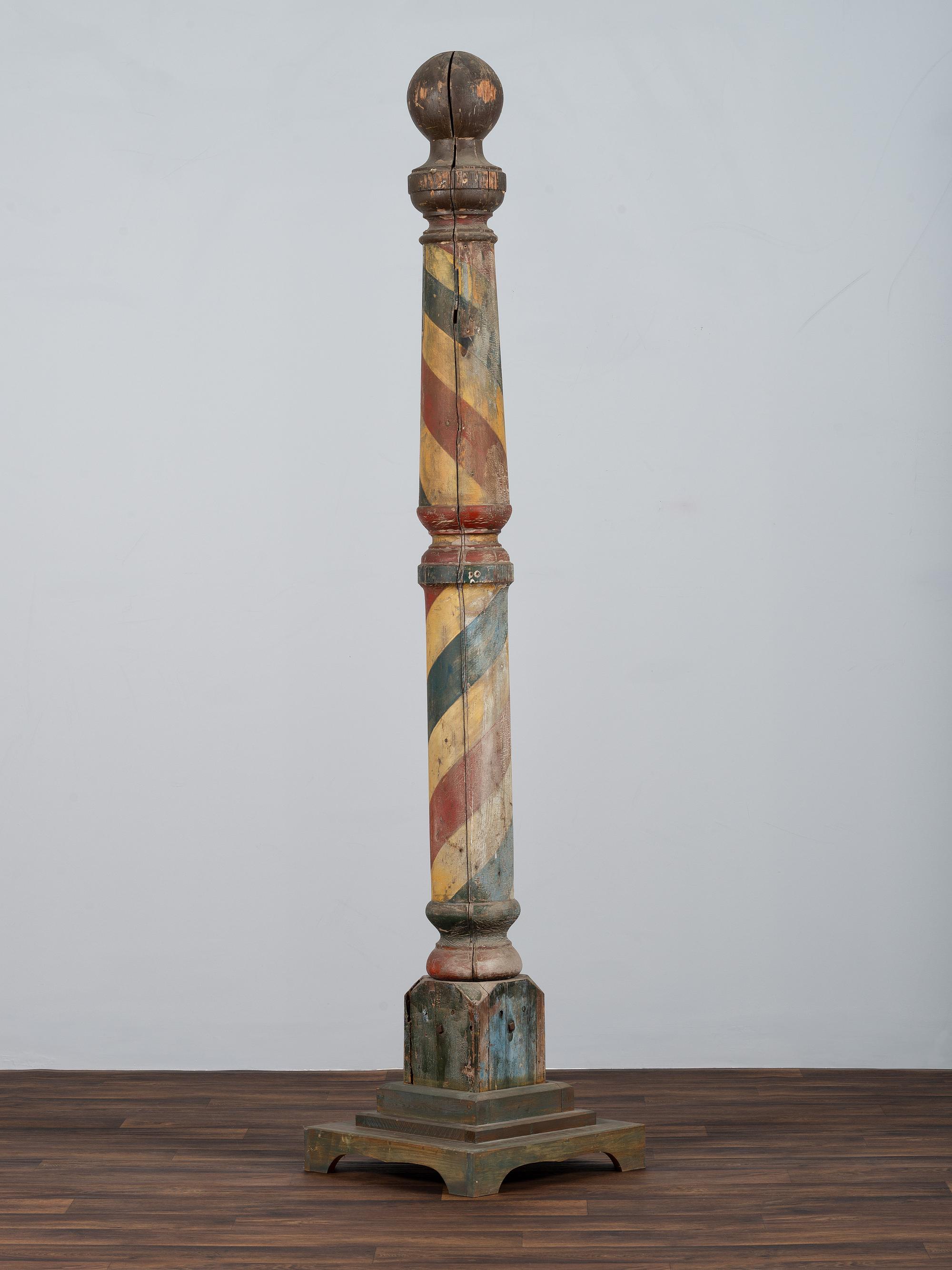 A Turned and Paint Decorated Wood Barber Pole