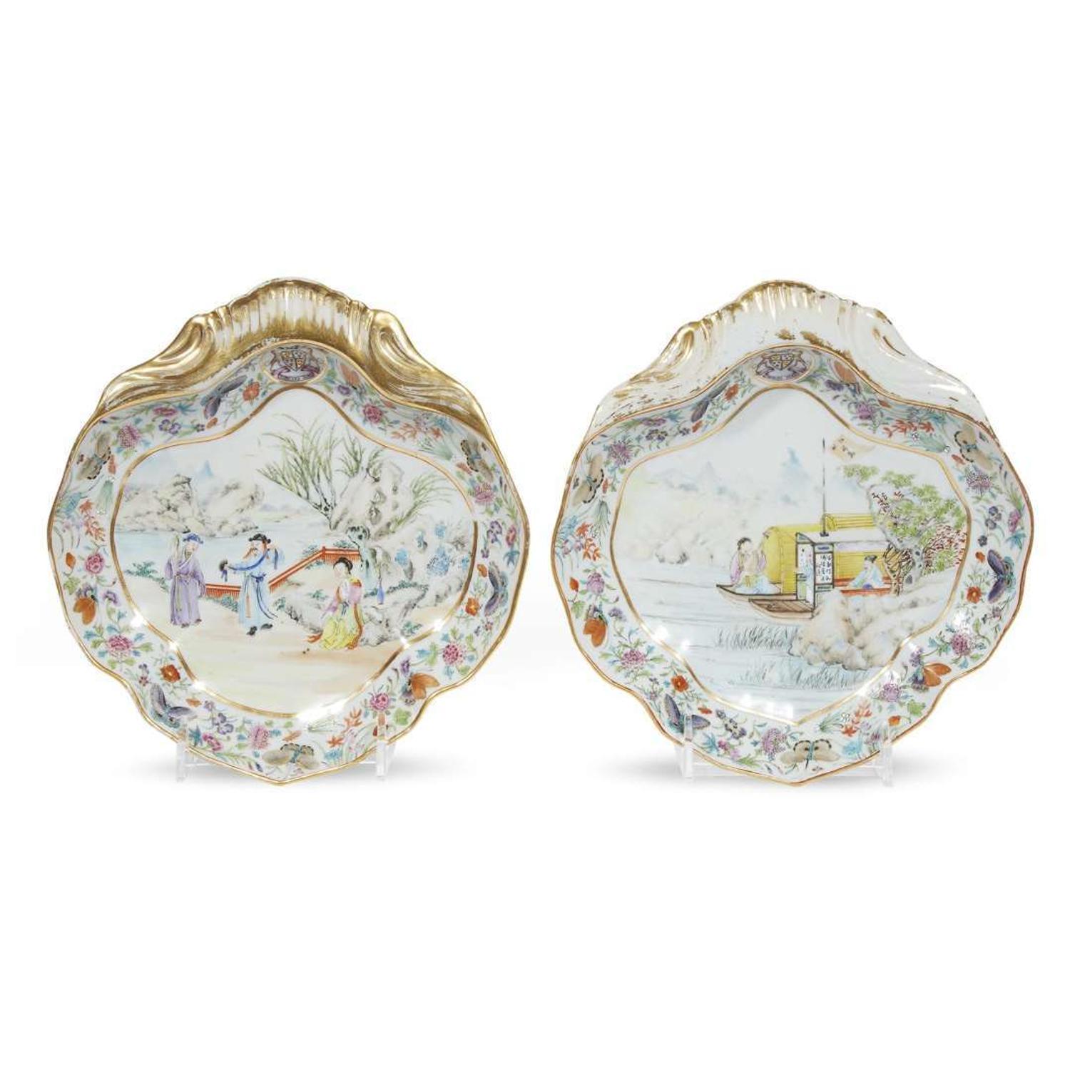 A pair of Chinese export rose mandarin armorial shrimp dishes 18th century