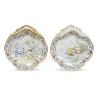 A pair of Chinese export rose mandarin armorial shrimp dishes 18th century